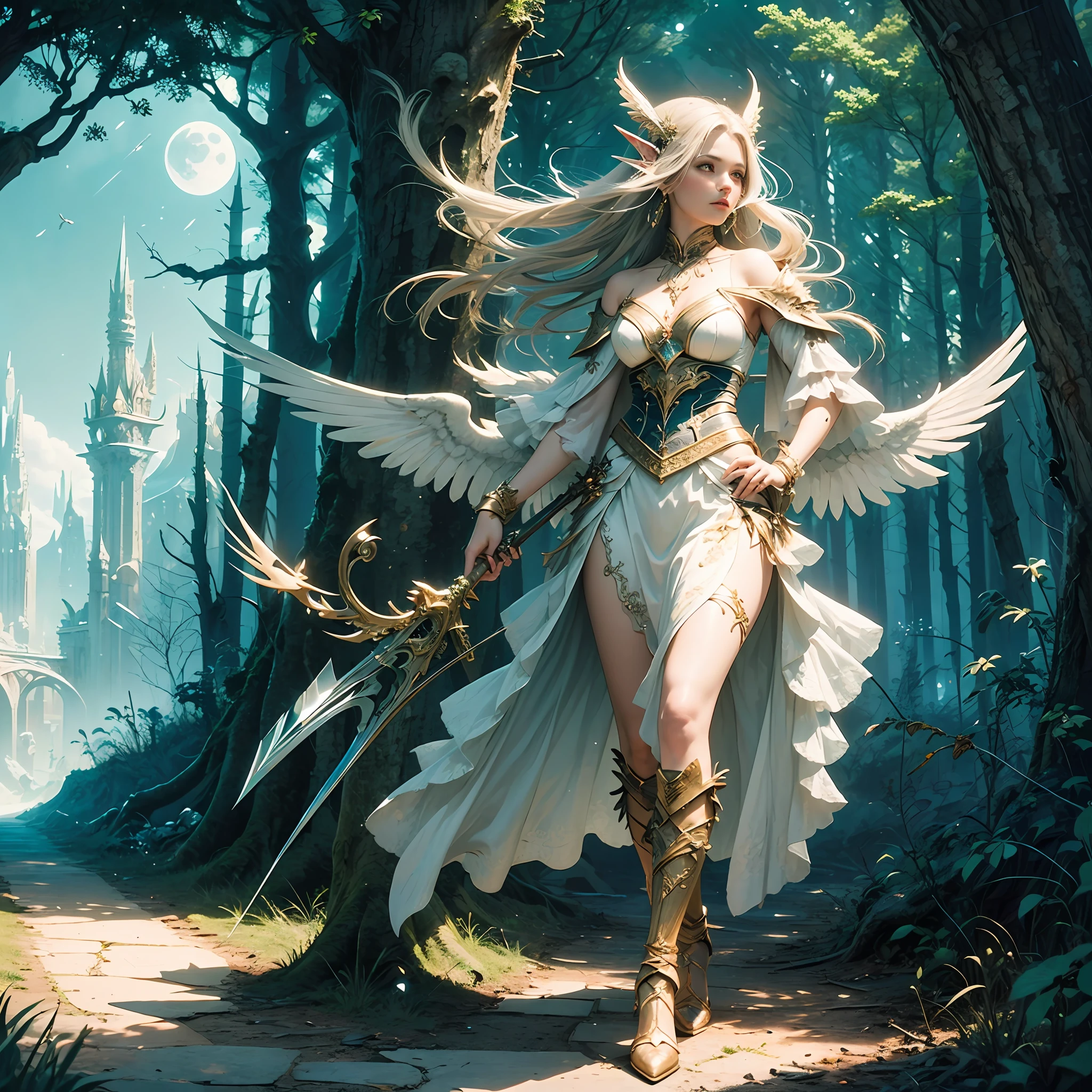 (Ultra-detailed CG, Wallpaper level quality, estilo fantasia), The elven goddess has a distinct personality, Hold a bow and arrow in one hand, Moonlight is like a sprinkle, Walk through the forest, Curved bow，White Skin Skin，Wings are lightly spread，Flap hair brushes gently between your shoulders，Full of mystery and fantasy --auto