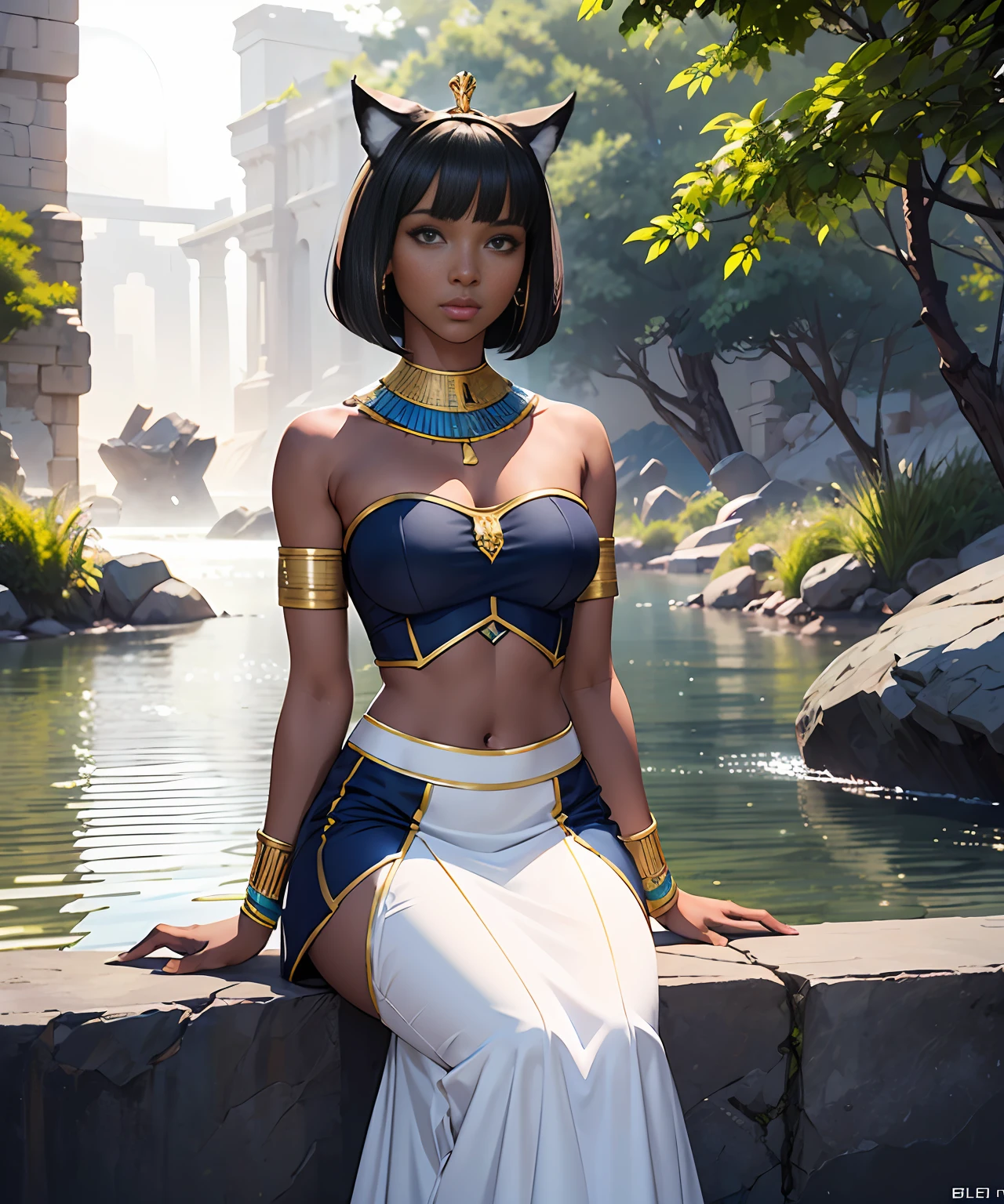 (Masterpiece), (Digital Art), (hiquality), Woman in her 20s, (a perfect face), defined jawline, Beautiful lips, (beautiful bright yellow eyes), black eyeliner, (dark skin), (Sexy), thick-thighs, (short dark blue bob haircut, Straight bangs), (dark blue wolf ears), (perfect arms), (white strapless Egyptian queen outfit), (midriff exposed), (long white maxi skirt), ancient Egyptian jewelry, sitting on a stone ledge, (river oasis background), (medium shot photograph), (looking a viewer), (Trending on ArtStation, trending on CGsociety), (Author: Artgerm), (by Beln Ortega), (by Dan Mora), (by Terry Dodson), Octane Render, Unreal engine, modelshoot style, Photorealistic