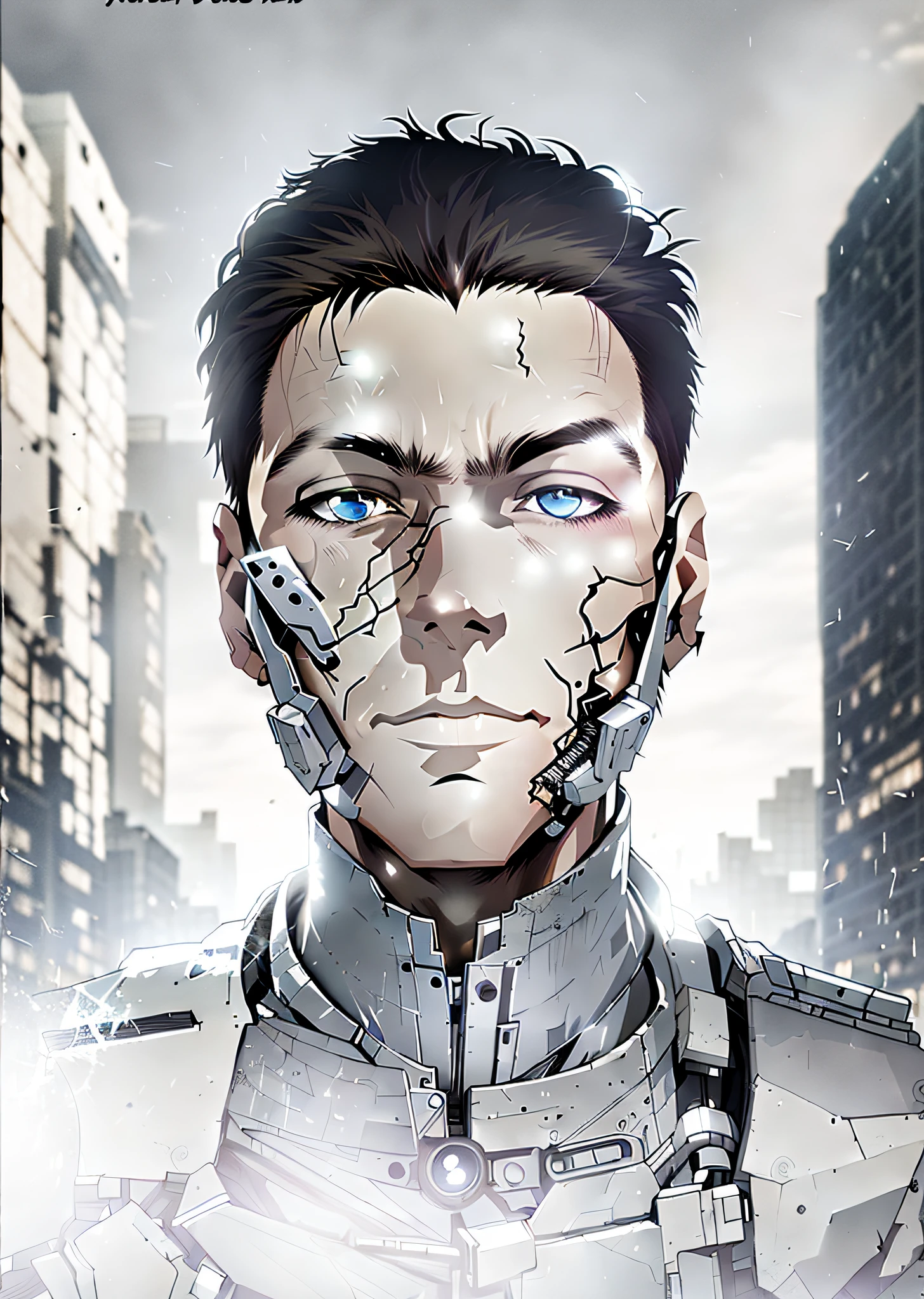There was a man with a metal mask on his face, cyborg man portrait, detailed portrait of a cyborg, symetry!! portrait of cyborg, portrait of cyborg, portrait of a cyborg, portrait of a cyberpunk cyborg, close-up portrait of cyborg, humanoid portrait, portrait of an android, portrait of a cyberpunk man, Digital cyberpunk anime art, digitl cyberpunk - anime art