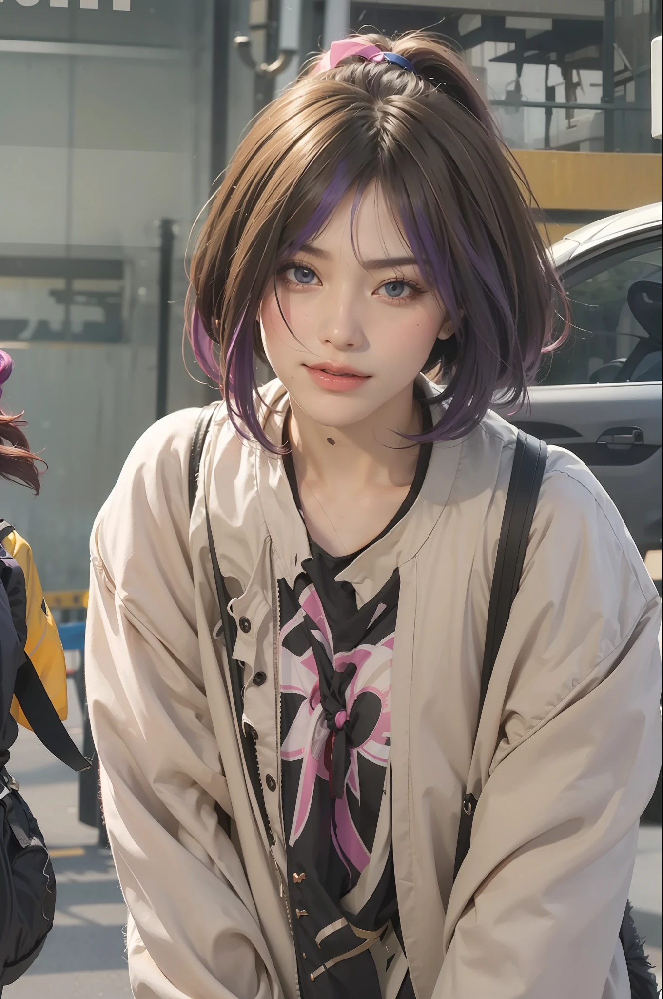Caramel hair styling for short hair,fluorescent purple Hair tie,A high resolution,offcial art,Unity 8k壁纸,ultra detali,fine,tmasterpiece,Need,best quailty,realisticlying
