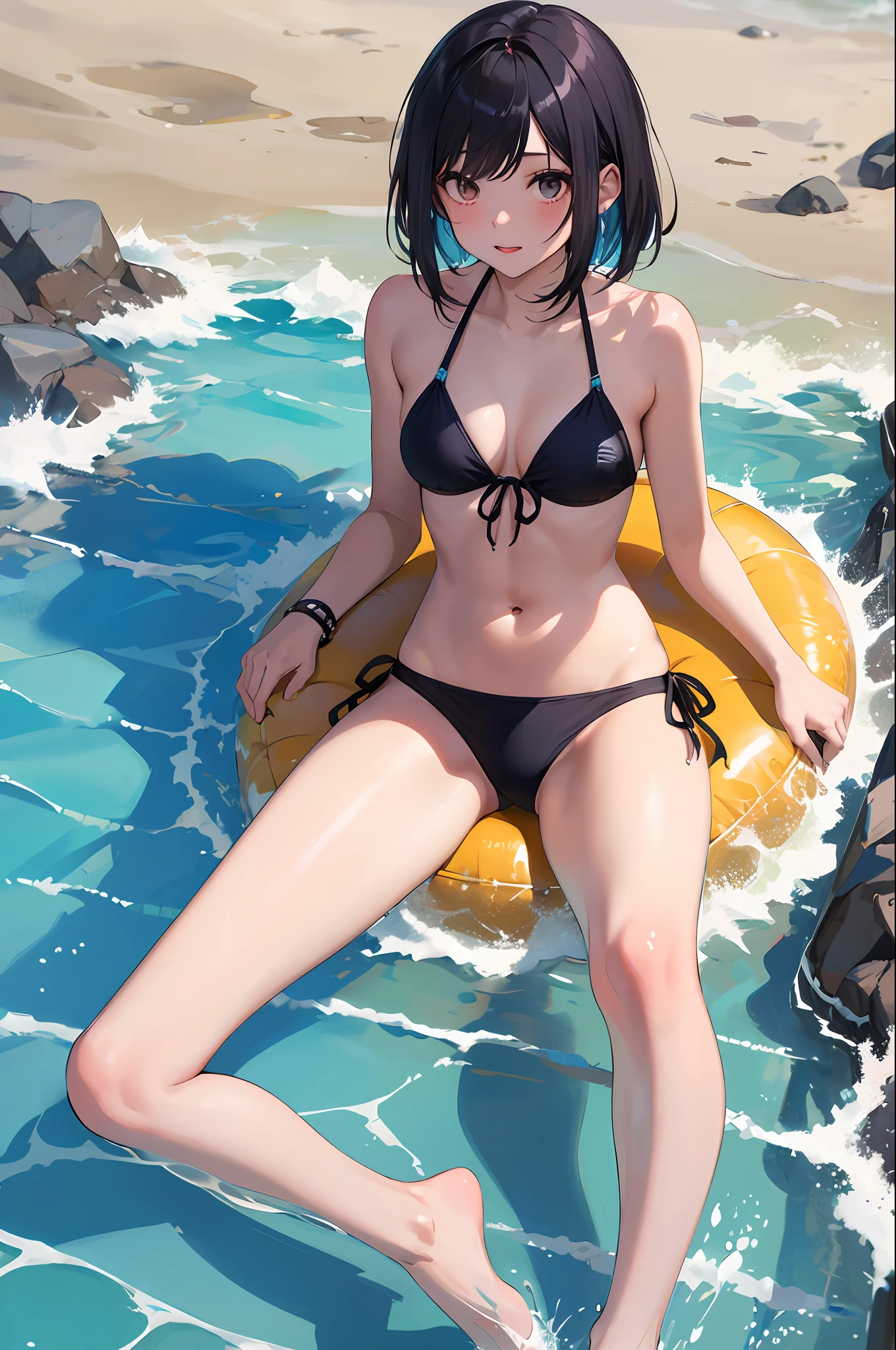 Chica en la playa, pelo rosa, pelo suelto, ojos rojos, bikini azul, tiene piernas gruesas y lindas,