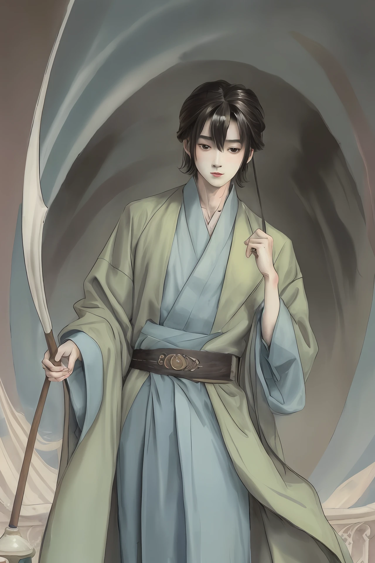 Antique beautiful man green Hanfu holding folding fan cool immortal man oil painting