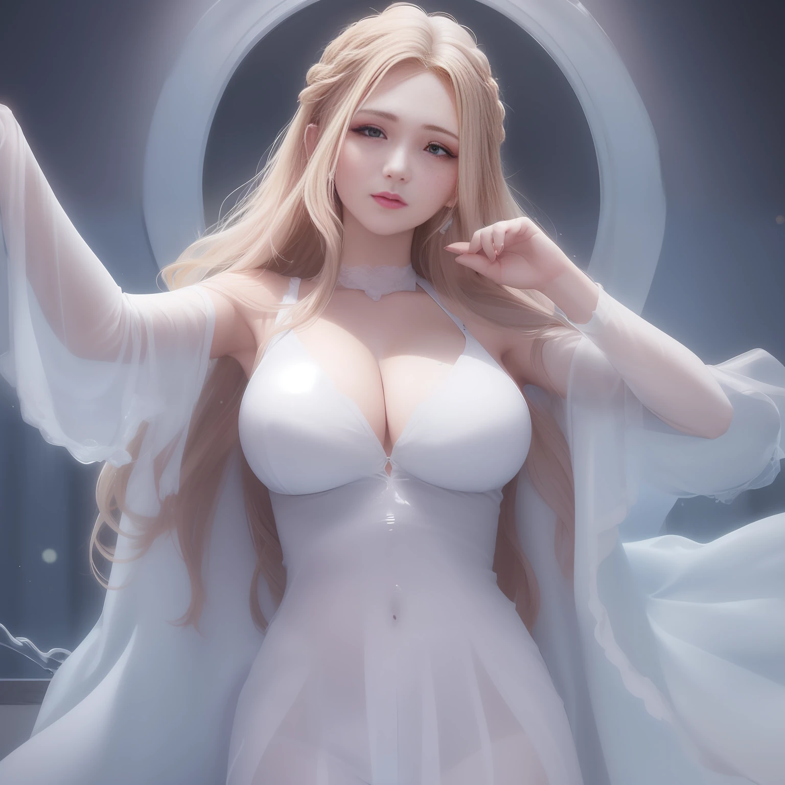 best qualtiy, Slr, solo girl, solo girl, one-girl, watch audience, The large, White liquid on the body,Big Cleavage, is shy, dampness,Clothes can be eliminated