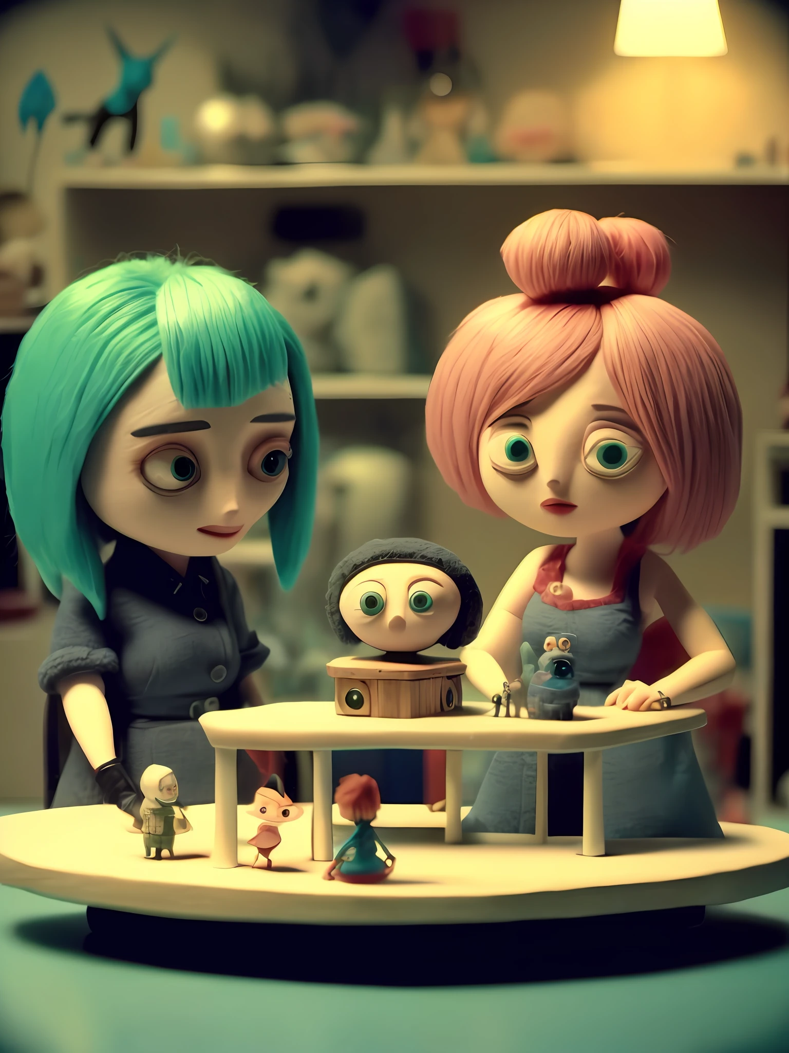 Behind the stop-motion animation style POVE on the counter is a magnificent and cute world，Everything is clay，1girll（Redheads and short hair，Alice），1girll（Blue hair，long whitr hair，Big breasts Hatsune Miku），the detail，adolable，Rounded