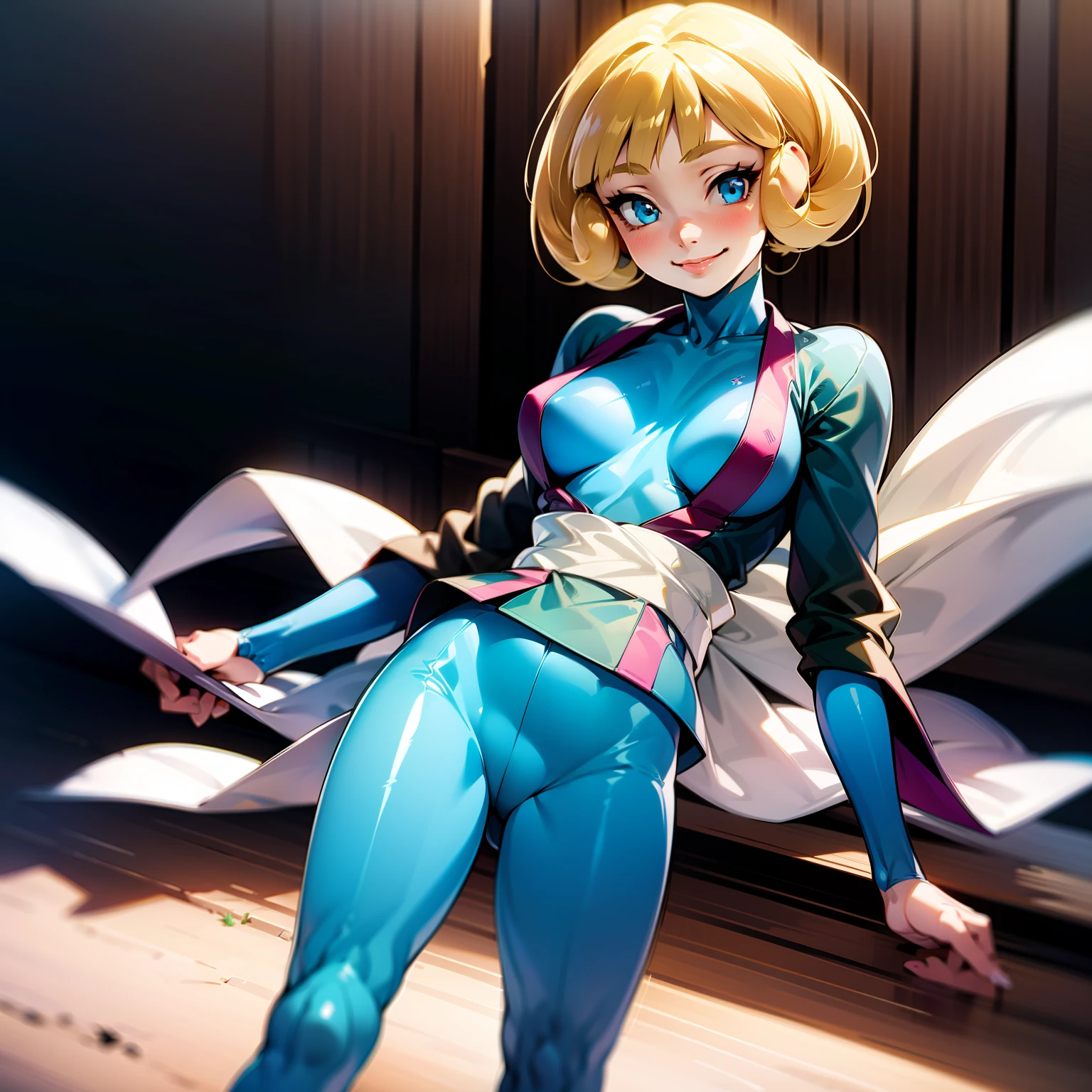 masterpiece, best quality, absurdres, illustration, 8k, realistic shadows, blush, detailed shadows, skindentation, long eyelashes, detailed eyes, ultra-realistic, realistic, hdr, light smile, cinematic lighting, ambiente lighting, cowboy shot, outdoors. day, ,Greta, 1girl, solo, smile, blue eyes, blue bodysuit, wide sleeves, black kimono, sash, standing, one leg up, long sleeves, bodysuit under clothes,