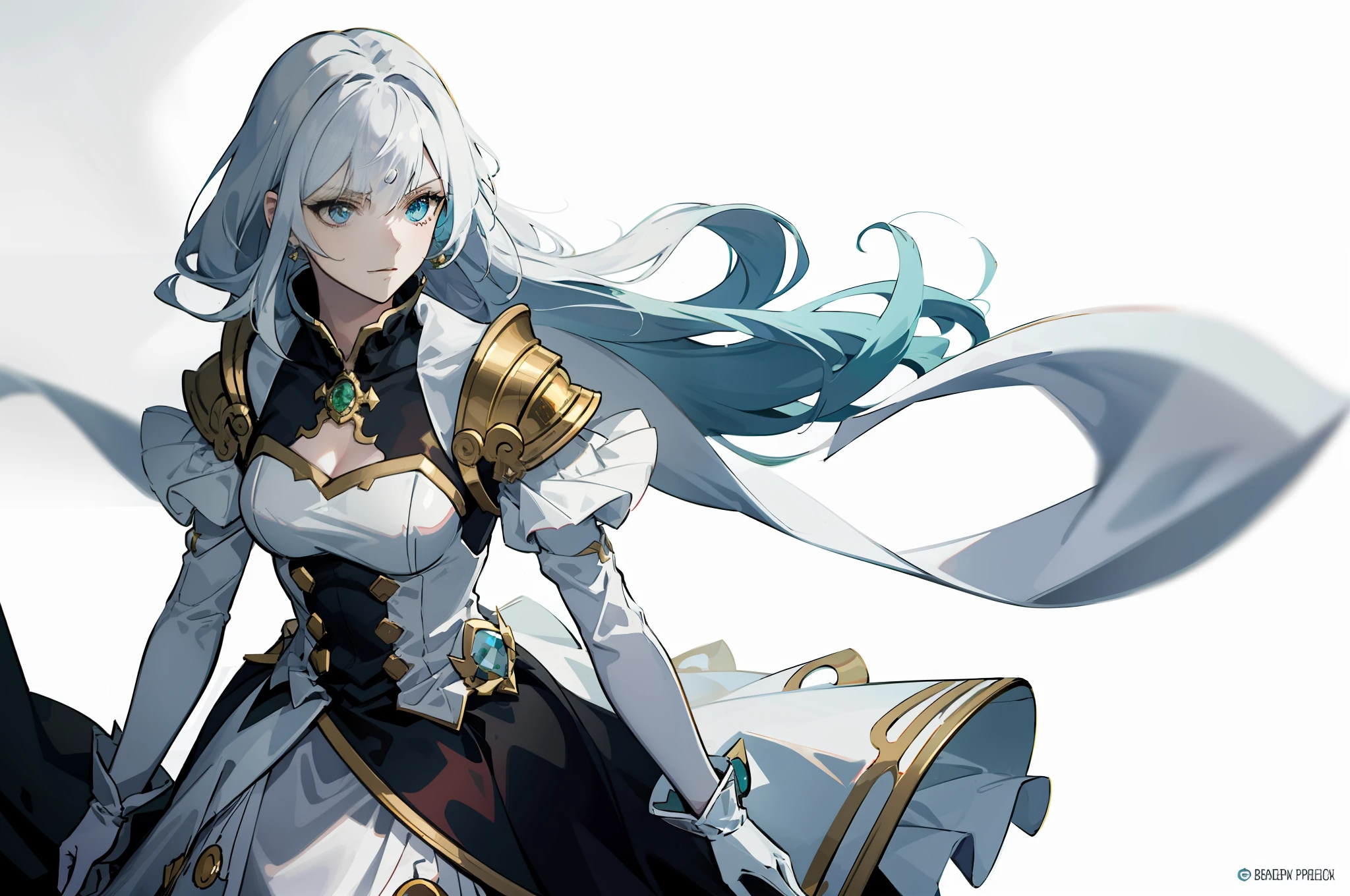 "((masutepiece)), Best Quality, Ultra-detailed, Extremely detailed, (1 girl), floating golden hair, Blue eyes, white imperial outfit,Green hairs,Dynamic Focus, Anime style,(Colorful colors), color filtration."