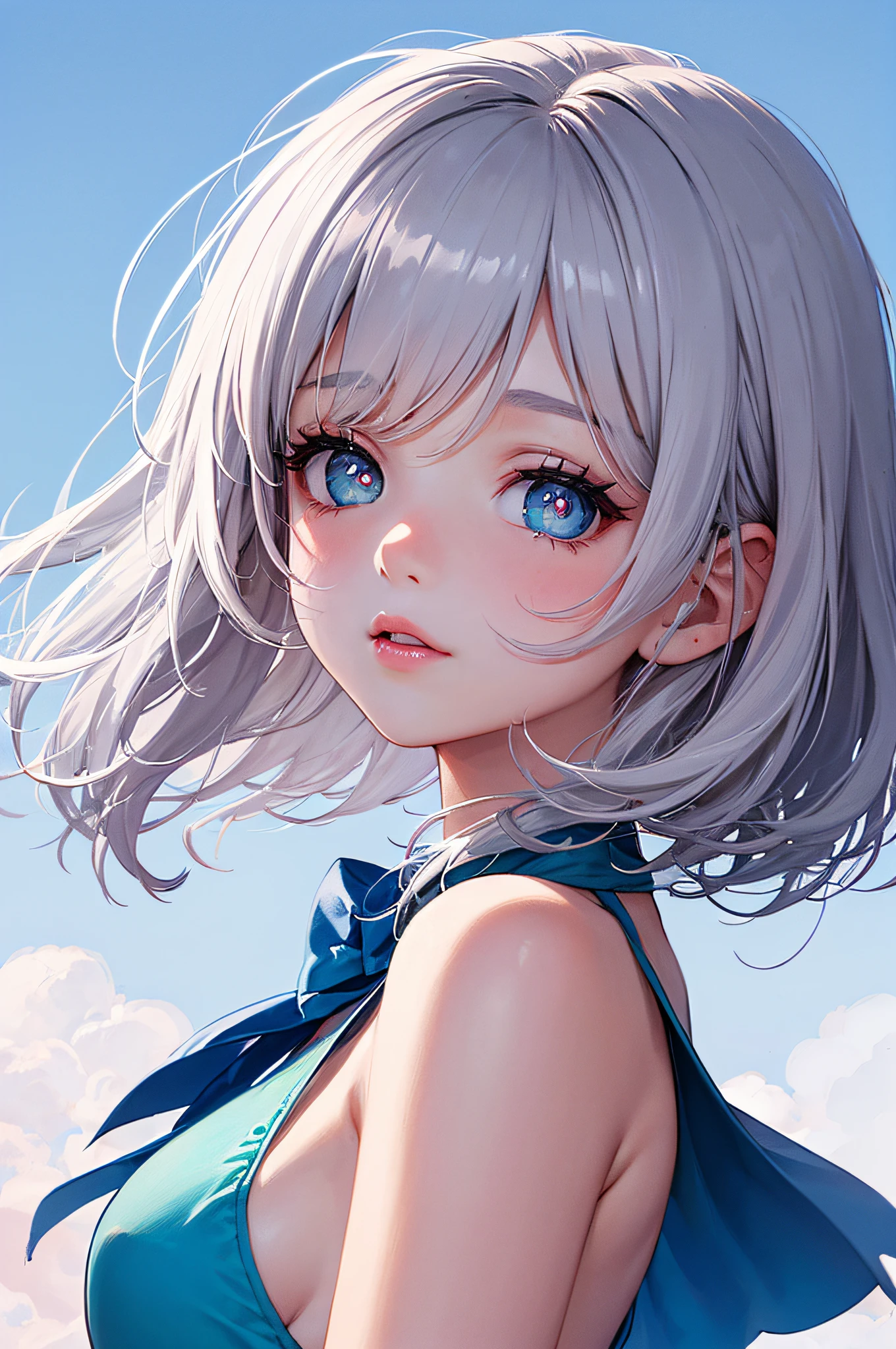 a lovely kid giPink pupils,Silvery-white hair has blue color,redish pink lips,Wear a blue and white dress,Pastel palette aurora punk style,Ignorant and cute face,Animated GIFs,hand-drawn animation,Captivating sketch,Smooth and shiny,Hazy romanticism,Super Flat Style,C cup ,seen from the side