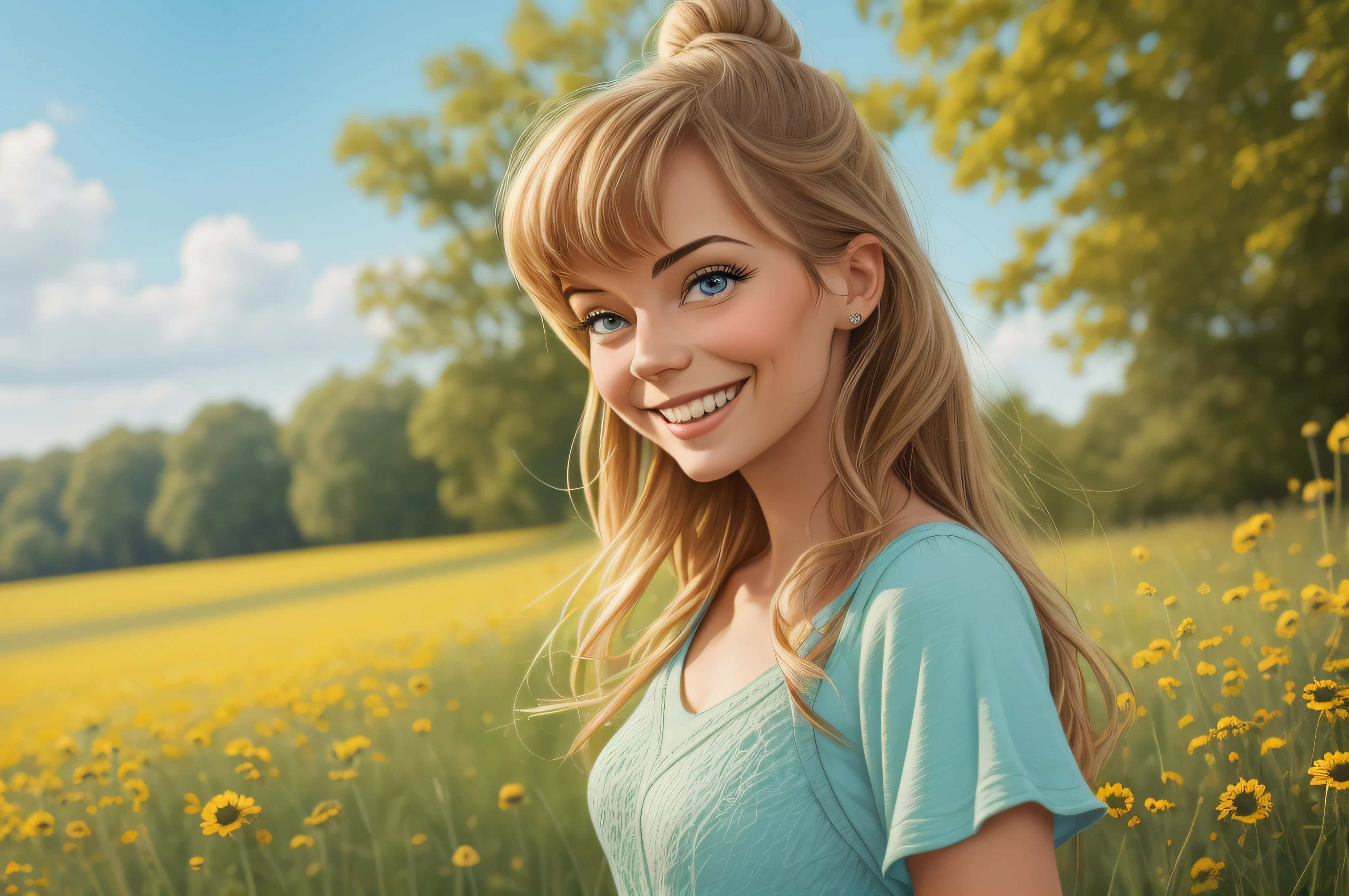 portrait of a smiling woman standing in a summer meadow, bright happy colors, colorfu