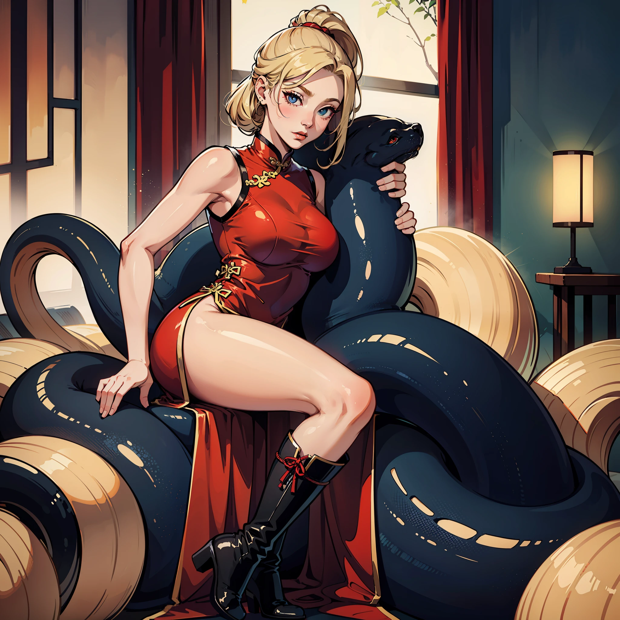 独奏 girl with qipao dress boots Red dress Black boots Blonde ponytail Looking over here sleeveless A sexy Breasts are also large there is a constriction Eyes are blue Deep slit --auto