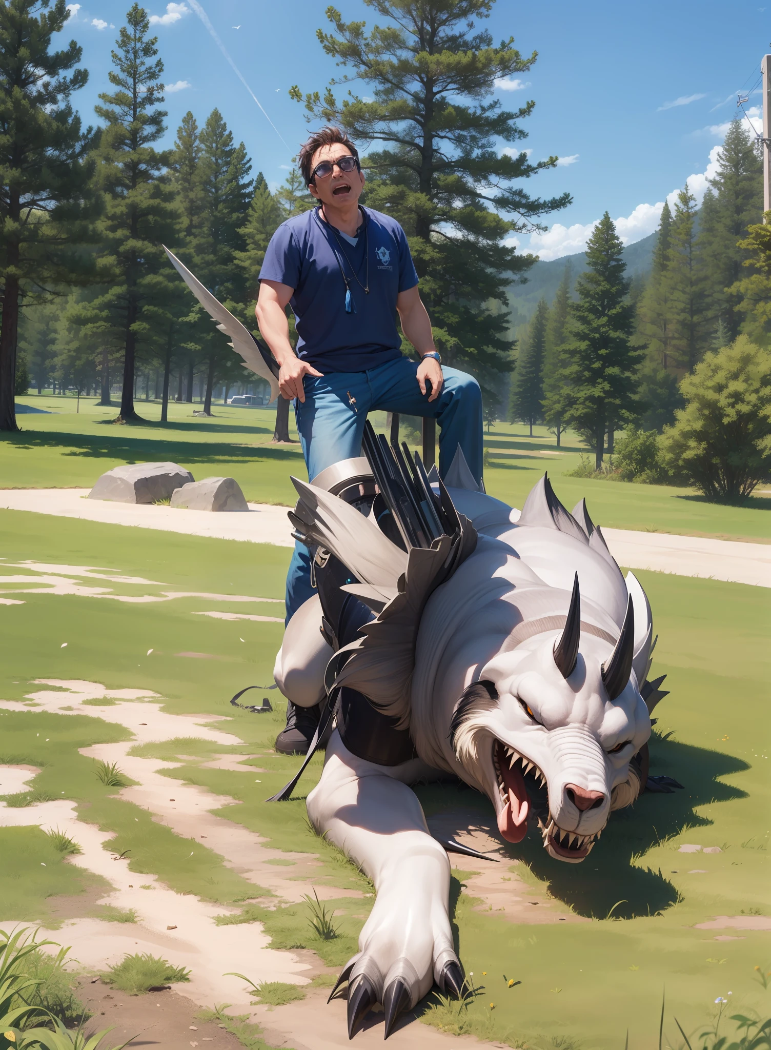 mechs,Heroes,50-year-old male,divino,Great,with blue sky and white clouds,tyrannosarus rex,vigorous,