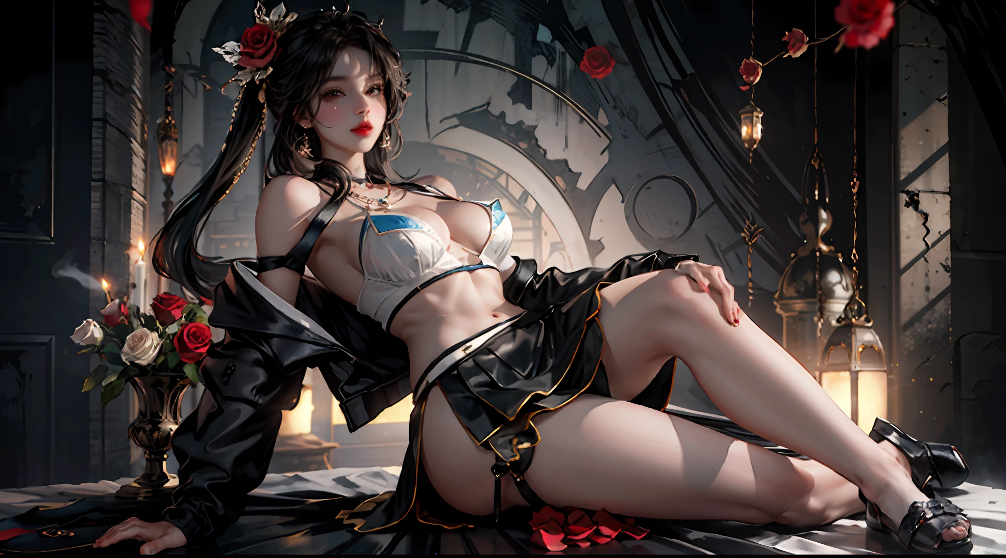 ((best qualtiy)), ((tmasterpiece)), (the detail:1.4), Beautiful cyberpunk woman image,hdr(HighDynamicRange),Ray traching,NVIDIA RTX,Hyper-Resolution,Unreal 5,Sub-surface scattering,PBR textures,Post-processing,Anisotropic filtering,depth of fields,Maximum clarity and sharpness, Many-Layer Textures, Albedo e mapas Speculares, Surface coloring, Accurate simulation of light-material interactions, perfectly proportioned, rendering by octane, twotonelighting, largeaperture, Low ISO,White balance,trichotomy,8K original,tmasterpiece,best qualtiy,(8k highly detailed CG unit wallpaper)(best qualtiy),(Most Best Illustration),(Best shadow)Golden sea waves,Bright orange blue sunset,Golden water droplets flying,(:1。 6),(((super breasts))),((busty figure))),(((crisp breasts))),((Revelation)),(Detailed description of the hair),((Detailed face description)),(Detailed description of the body), Fair translucent skin, incomparable beauty, long leges, Dark red lace lingerie, stocklings, Beauty mole, Sapphire necklace, (Mature royal sisters),(Redlip), (Touching pubic area),(is shy),(seduct smile), turning to the viewer,High-end clothing,((乳溝)),((Semi-bare breasts)),((Super clear and detailed and beautiful HD background )),on cheongsam,((HD snow white breasts)),比基尼, Cool clothing,komono,off-shoulder sweater,camelliamix, florals, Red_flower, Red_Rose, rosette, katana swords, 1girll, Pink_Rose, Pink_flower, spider_Lily, Footwear, Long_Hair, school_uniform, Sydney Fu, sword sheath, a skirt, 独奏, Jacket, vases, Looking_at_peeping at the viewer, Sat down, Orange_flower, pleated_Skirt, Rose_petals, black_shirt, black_legwear, black_Skirt, hibisco, Very_Long_Hair, parted_Lips, Loafer shoes, sailors_Collar, black_Hair, Neck robe