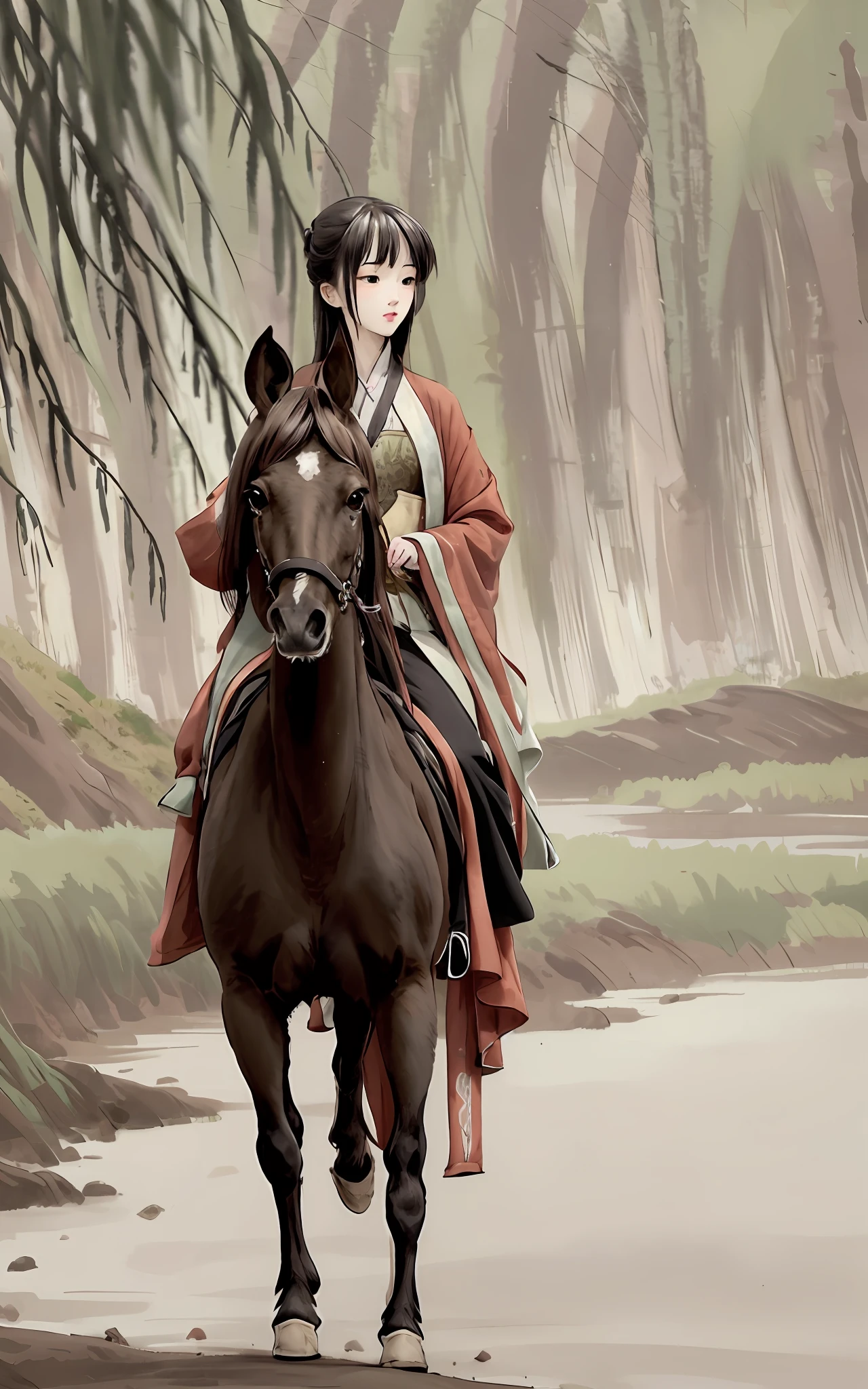 Shuke walking horse, negative space, , shuimobysim, Standing male statue, Willow branches, (tmasterpiece, best qualtiy:1.2), Traditional chinese painting, Model style, placid, (ssmile), Looking at the river, Wearing a long Han costume, Hanfu,song，Willow tree in background，The five permanent said，Poetry in painting