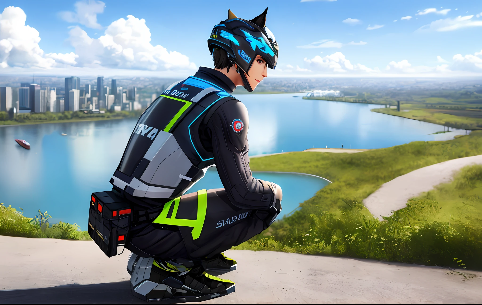 scenery, city, futuristic, a man wearing a futuristic suit, the helmet has metal animal ears (cat like ears), the suit is made of black metal, the man is looking at the viewer, at the side of the man, a woman wearing a octane suit, the girl is also looking at the viewer, at the background a lake next to a futuristic city, with some flying cars (tiny), and some trees behind the character, realistic, detailed, corrected, cgi, full body art, octane render, unreal engine