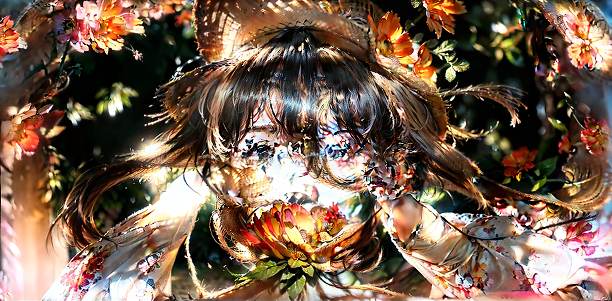 (extreme close up:1.5), (face focus:2),(Style of ???? ???:1.5),
((side face:2)),(1girl surrounded by soft_light:1.5), (backlighting:1.8), (lighting),(flowing fabric:1.3), ((Floral_summer_dress:1.5),(Straw_hat:1.3)),
(masterpiece), realistic, HDR, highly detailed, 8k, raw photo,
ambient occlusion, natural, harmonious composition, warm tones, fine art photography,