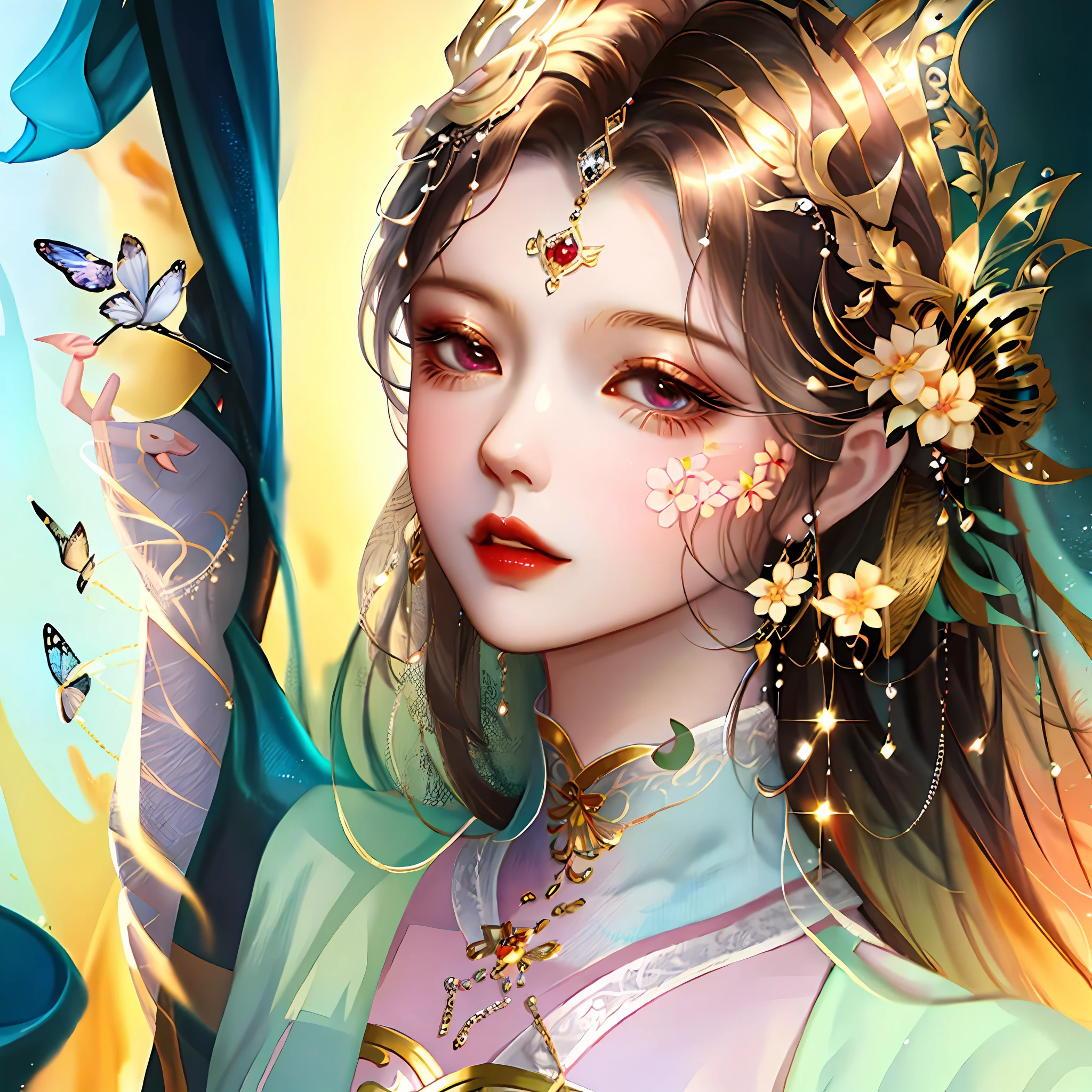 There was a woman with a flower in her hair,There is a butterfly in the hair, Fantasy art style, a beautiful fantasy empress, Beautiful character painting, by Yang J, Beautiful digital artwork, beautiful digital art, ((a beautiful fantasy empress)), Beautiful digital illustration, Exquisite digital illustration, Inspired by Ai Xuan, beautiful gorgeous digital art, 8K high quality detailed art