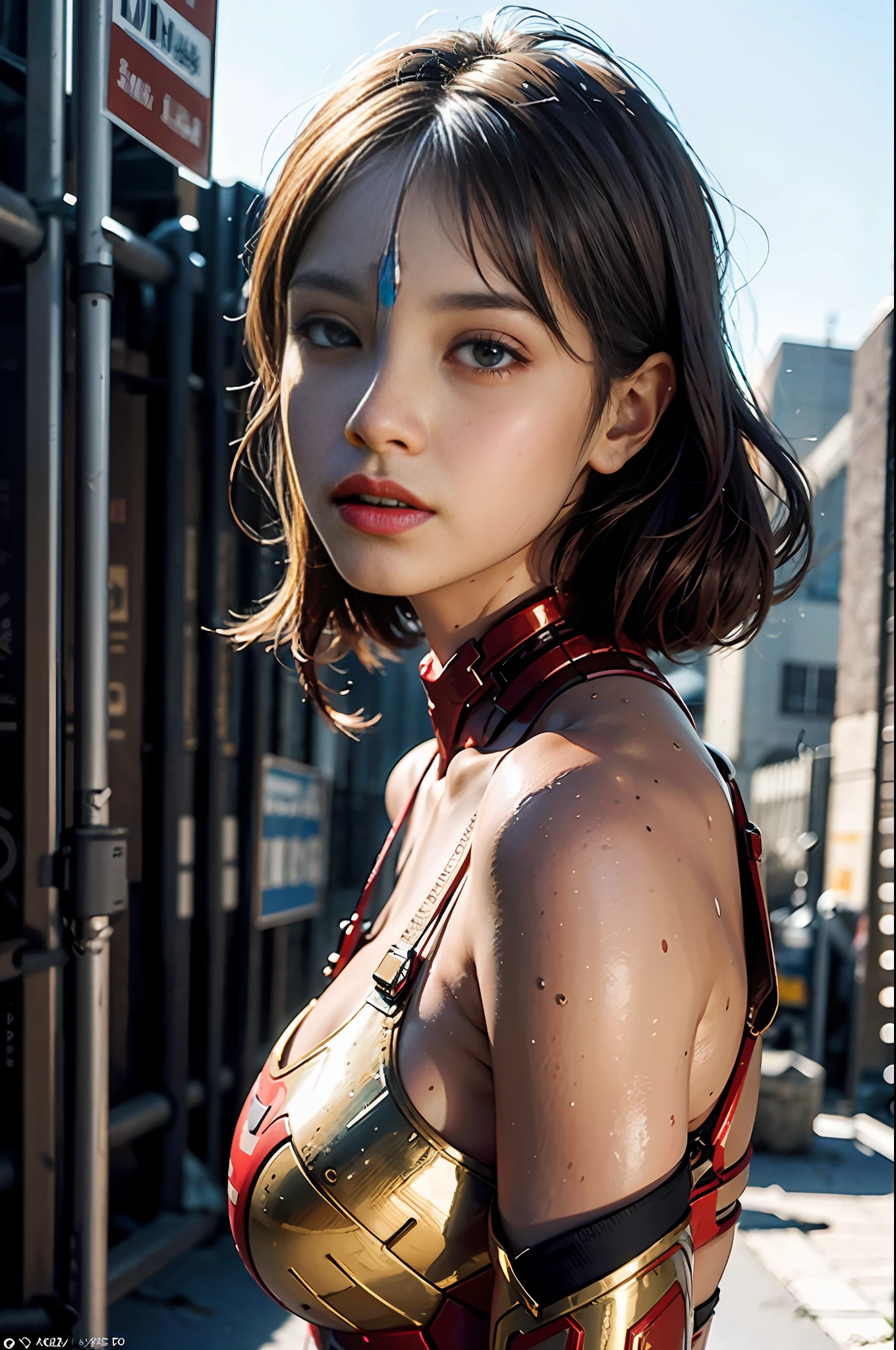 (1girl:1.3), solo,__body-parts__, official art, unity 8k wallpaper, ultra detailed, beautiful and aesthetic, beautiful, masterpiece, best quality, RAW, masterpiece, super fine photo,, best quality, super high Resolution, photorealistic, sunlight, full body portrait, stunningly beautiful,, dynamic pose, delicate face, vibrant eyes, (side view), she is wearing a futuristic Iron Man mech, red and gold, Highly detailed abandoned warehouse background, detailed face, detailed complex busy background, messy, gorgeous, milky, high detailed skin, realistic skin details, visible pores, sharp focus, volumetric fog, 8k uhd, dslr camera, High quality, film grain, fair skin, photorealism, lomography, sprawling metropolis in a futuristic dystopia, view from below, translucent