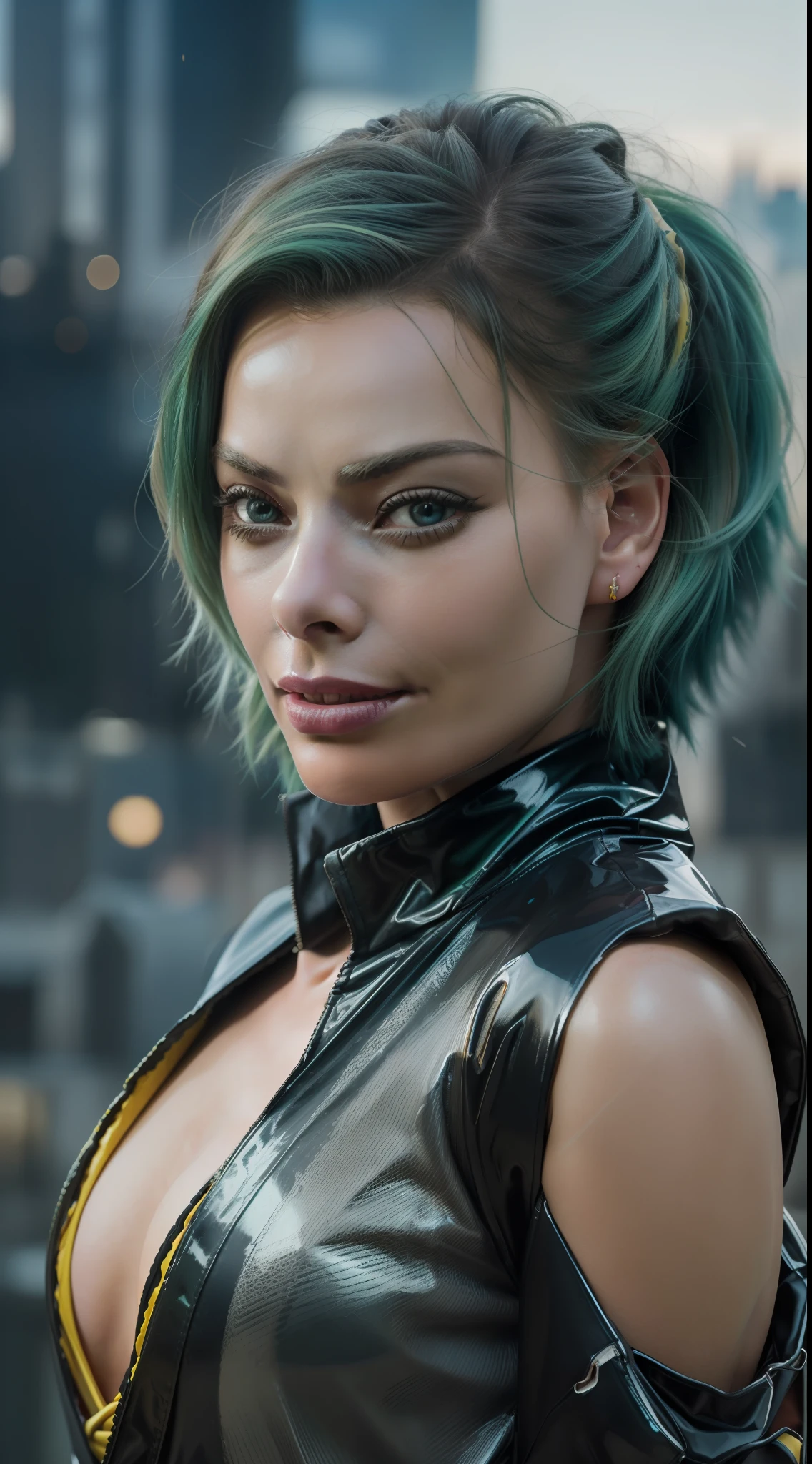 (8k, ARTISTIC photography, best quality, masterpiece: 1.2), (realistic, photorealistic: 1.37), over-detailed, (high-detail skin: 1.2), ((Margot Robbie)) 8k uhd, SLR camera, soft lighting, high quality, film grain, Fujifilm XT3, cinematic lighting, photonic display, brightness, physically rendered photo (cyber punk Goddess with a katana,), beautiful face, ((green hair)) , (hacking console) ((evil smile)), over-detailed face, (((big open eyes))), beautiful body, toned body, (( dressed as futuristic samurai, Gortex bomber jacket, ǍCROŇYM)), (((over-detailed women's clothing))), ((( Gore-Tex clothes )), (((latex yellow Kimono))), posing, on a roof top overlooking a cyberpunk city, Dystopian cityscape (((pure 8K))), (((perfect anatomy))), extremely high-quality graphics, Riddley scott, ghost in the shell, Blade Runner, Denis Villeneuve (((cinematic lighting))), ((clear details)), complex, highly detailed background,