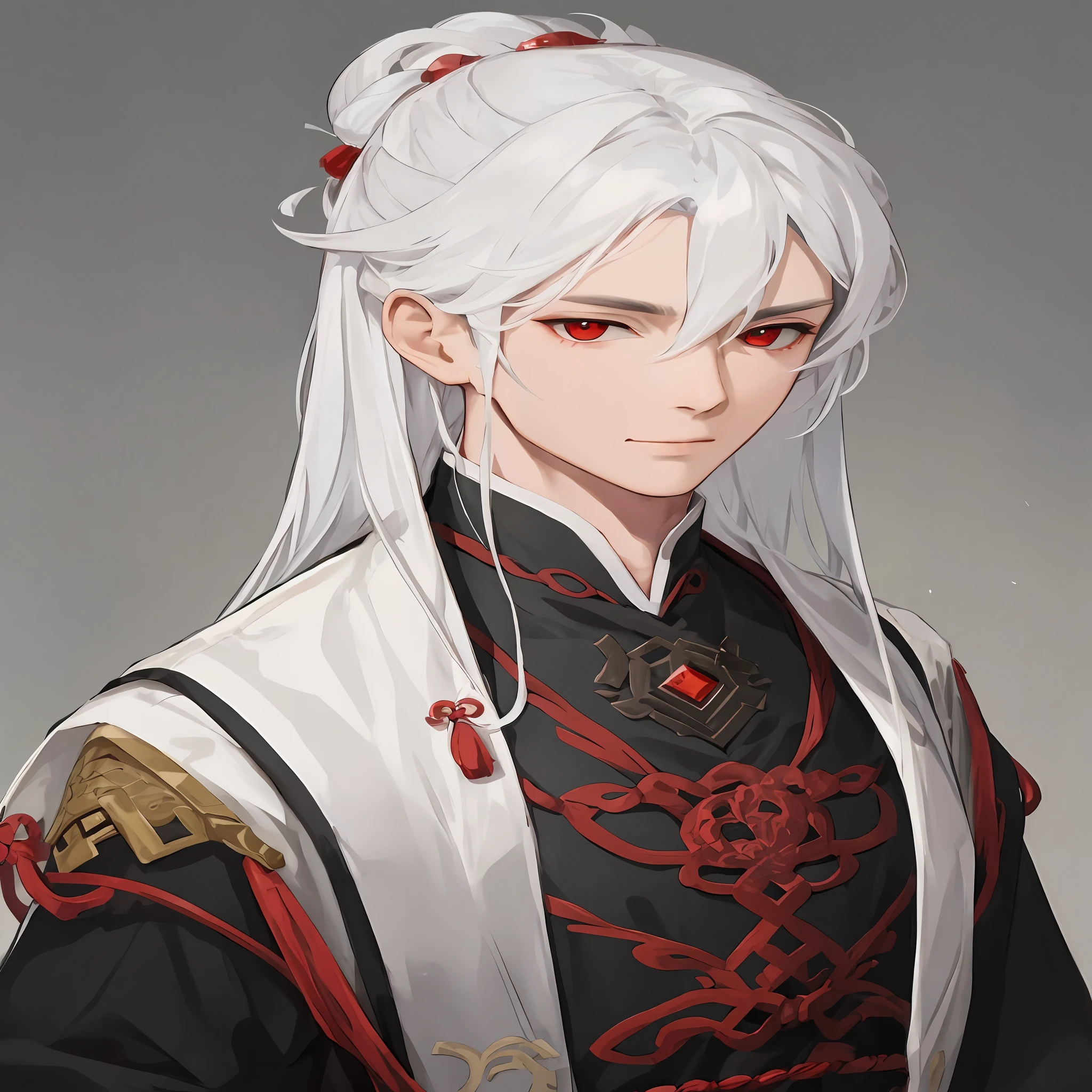 a close up of a person with white hair and red eyes, white-haired god, drak, heise jinyao, white haired Cangcang, Keqing from Genshin Impact, White-haired, onmyoji portrait, zhongli from genshin impact, handsome guy in demon killer art, White-haired fox, Inspired by Bian Shoumin, Beautiful androgynous prince
