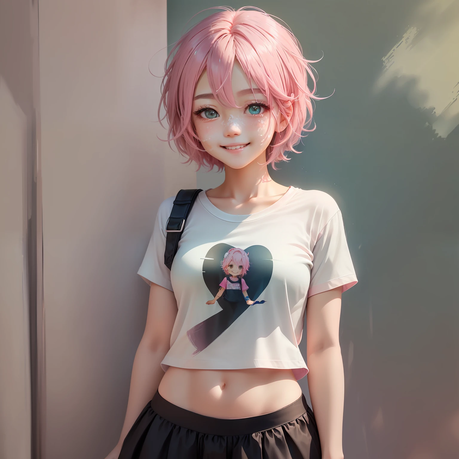 (high high quality),(Soft and fresh),(A pink-haired),(Open your eyes with a smile),(Fresh and natural),(Infectious eyes),(Sunscreen clothing with white T-shirt),(Elevation viewing angle),(Two-dimensional style), (清晰的线条),(in pastel shades), (Gentle light and shadow effects)。 --auto