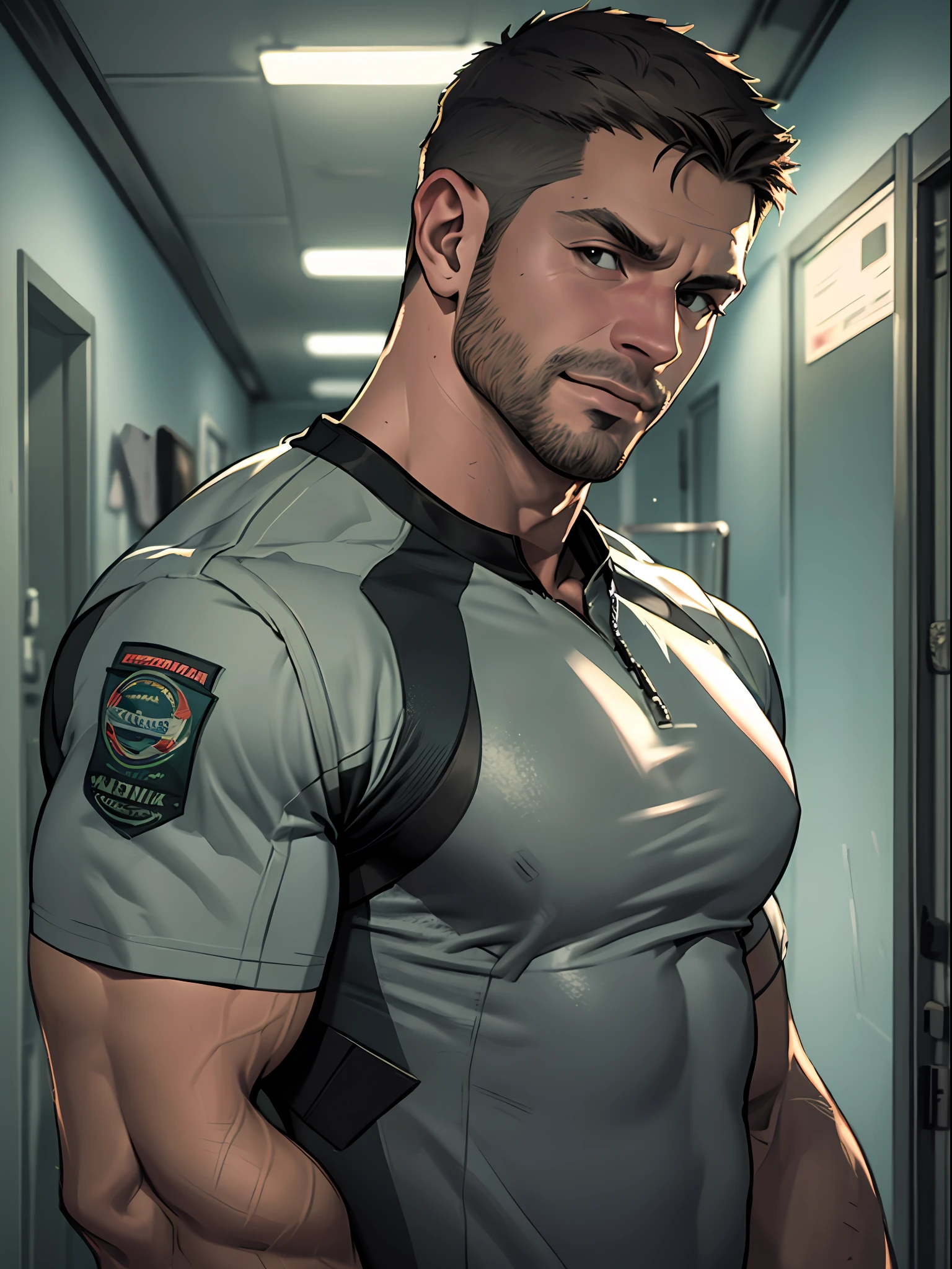 1 man, solo, 35 year old, Chris Redfield, wearing grey T shirt, smirks, green color on the shoulder and a bsaa logo on the shoulder, millitary tactical suit, tall and hunk, biceps, abs, chest, best quality, masterpiece, high resolution:1.2, upper body shot, dark black gloomy hallway in the background, detailed face, shadow, volumetric lighting, upper body shot, low camera angle