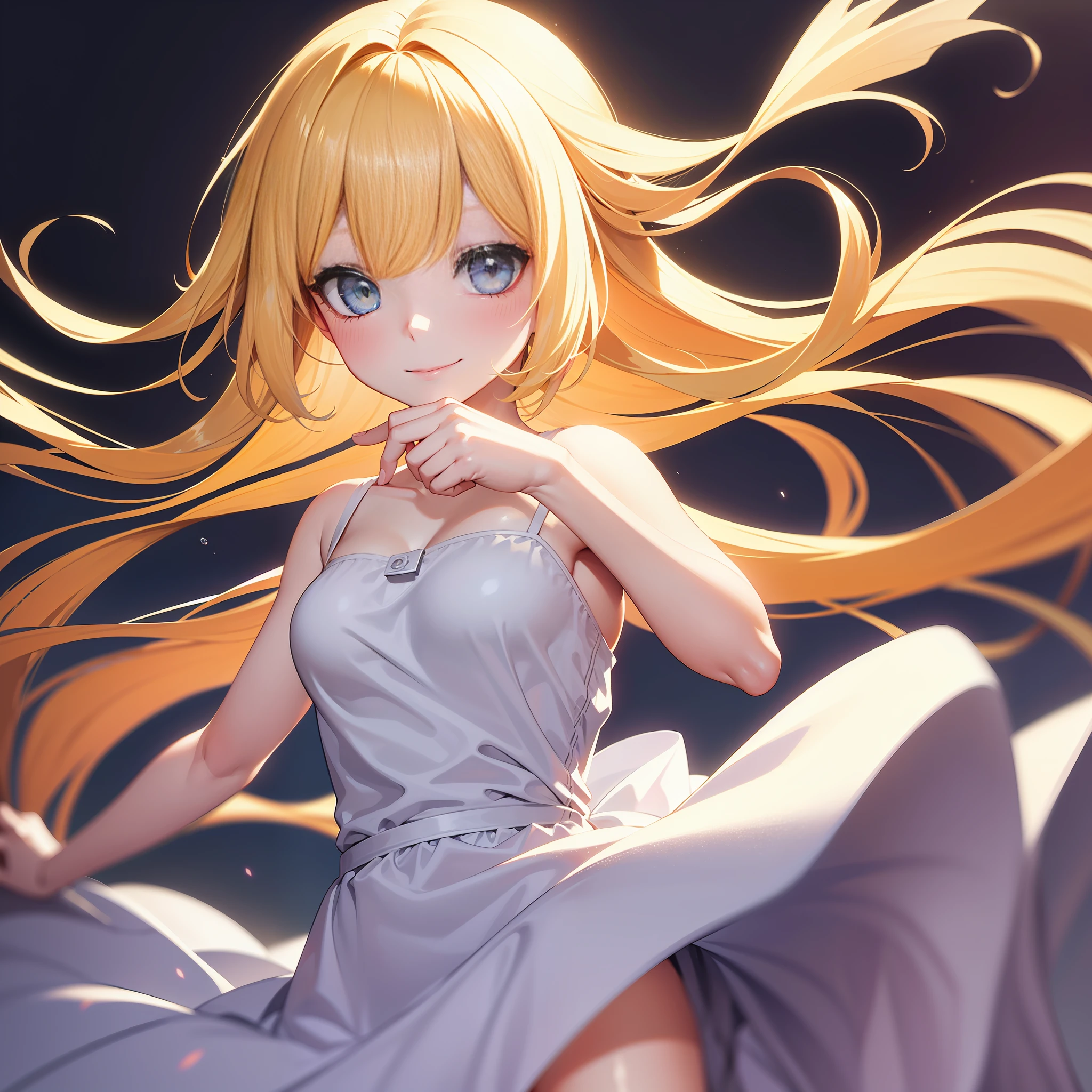 angel, super beautiful, colorful splashing, hiten, clear and beautiful, close-up, mysterious, beautifully painted, female, very long hair, bangs, floating hair, blonde hair, hair fluttering in the wind, delicate beautiful face, light smile, bright skin, white dress with gold decoration, Floating light spot, beautiful and clear background, Absurd, very fine 8K CG wallpaper, absurdres, highres,