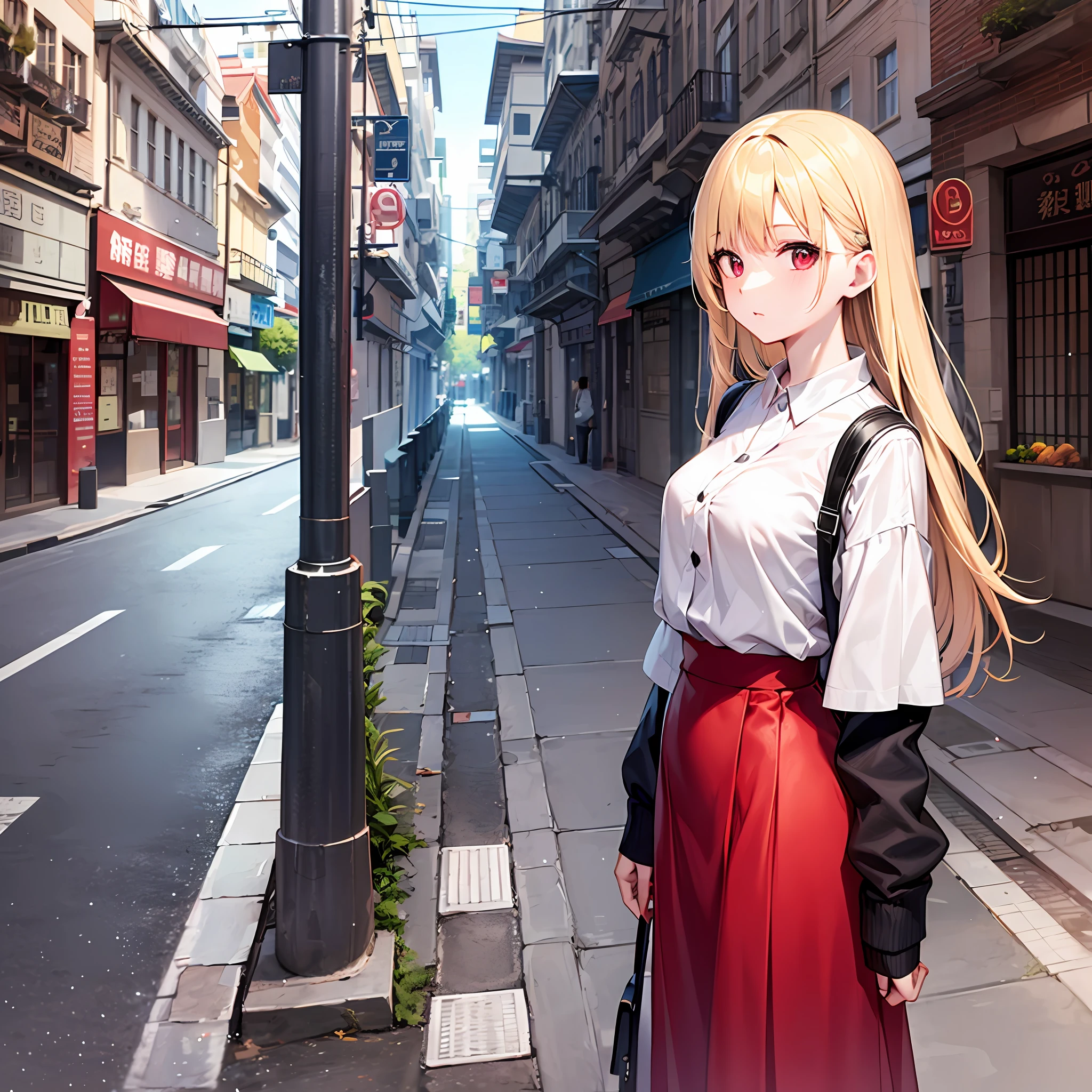 One blonde girl、red eyes、long  skirt