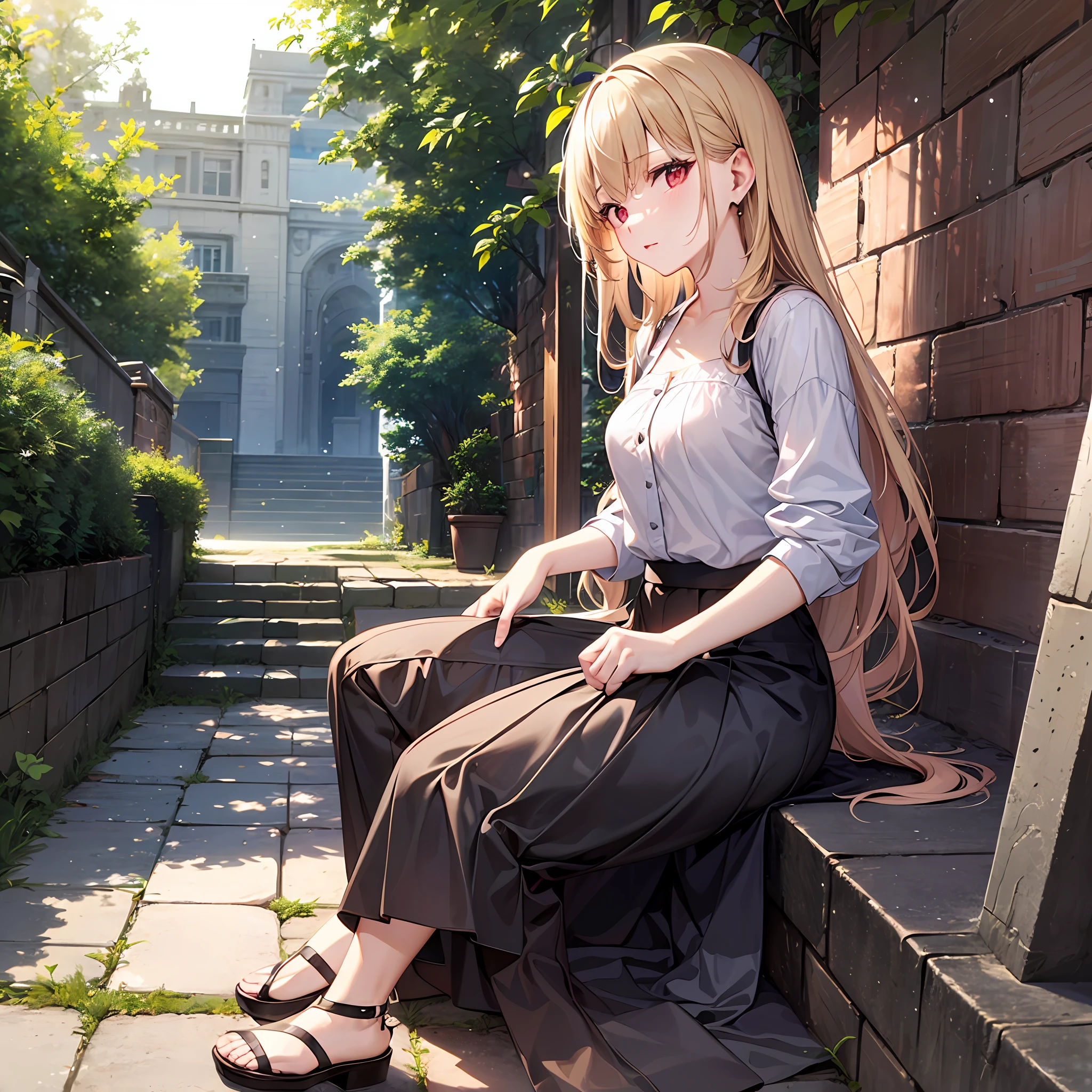 One blonde girl、red eyes、long  skirt