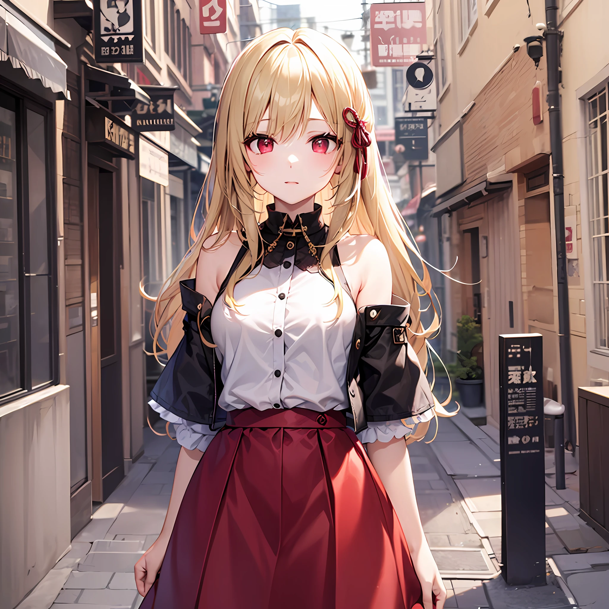 One blonde girl、red eyes、long  skirt