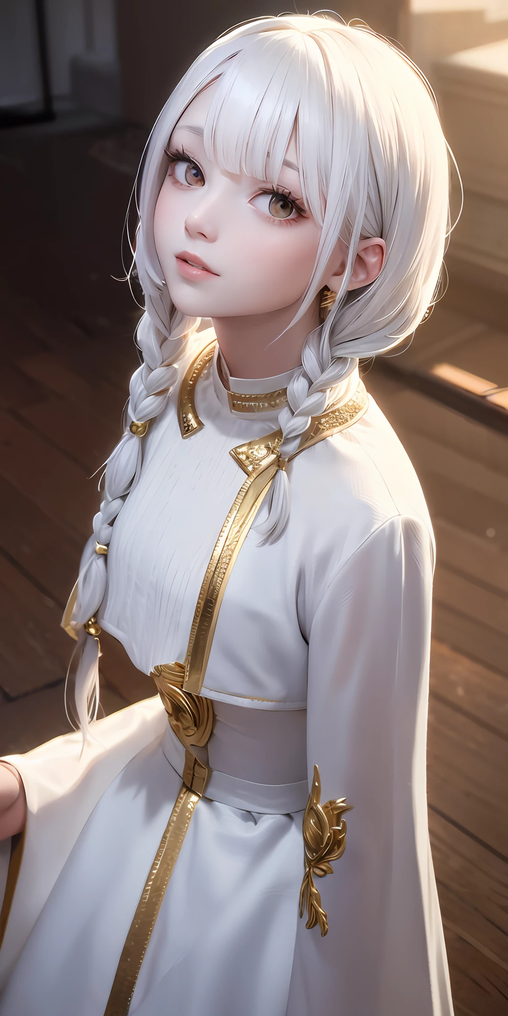 best quality, masterpiece,white hair, gold eyes,white clothes, looking up, upper body,hair strand,Fair skin,side braids