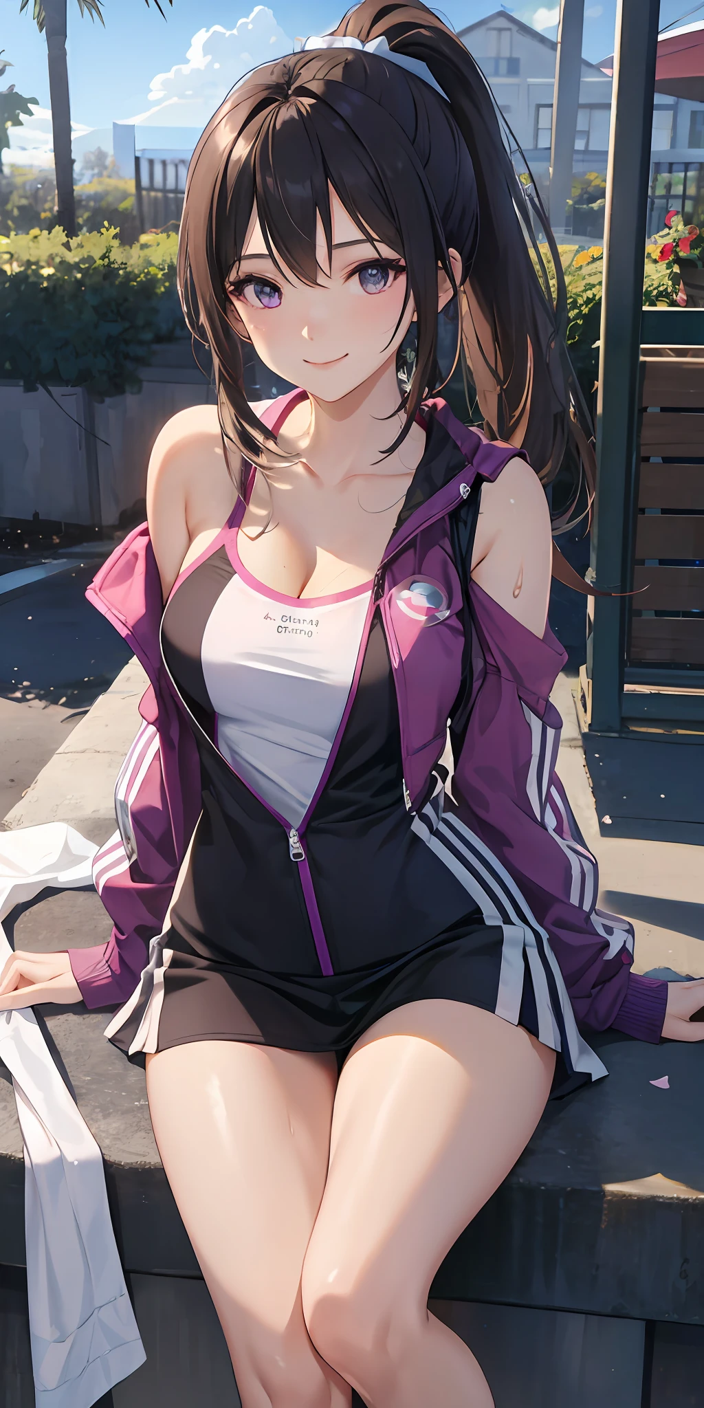 realisticlying,1girl,High ponytail,harelip,Blushlush,putting makeup on,Light smile,whaite hair,track suit,short skirt,wetclothes,with light glowing,upper legs,Purple eye,Bare shoulders,鎖骨,a narrow waist,rays of sunshine,rays of sunshine,rosette,ventania,cleavage, (tmasterpiece), sweat leggs,Exposed milk,