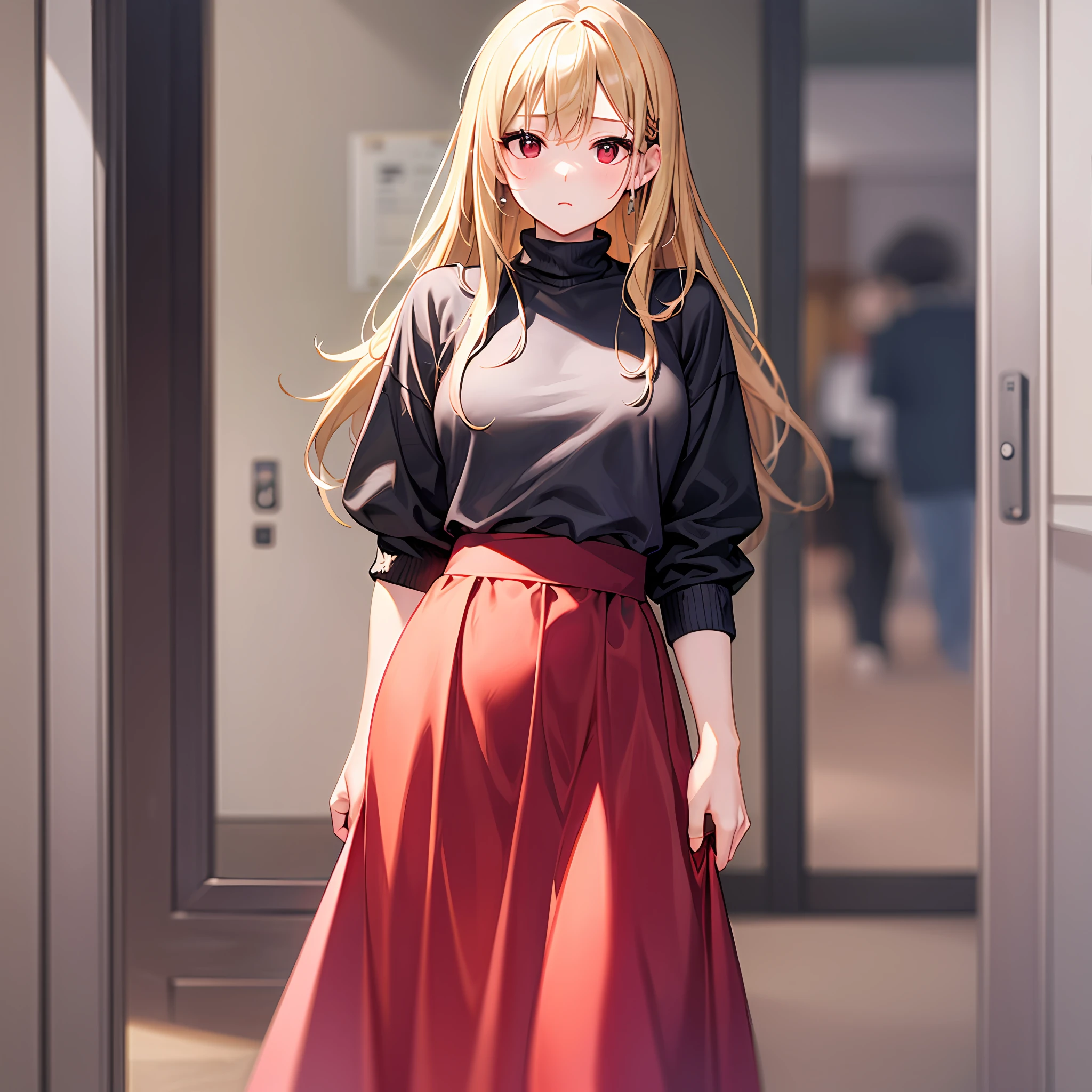 One blonde girl、red eyes、turtle neck、long skirt