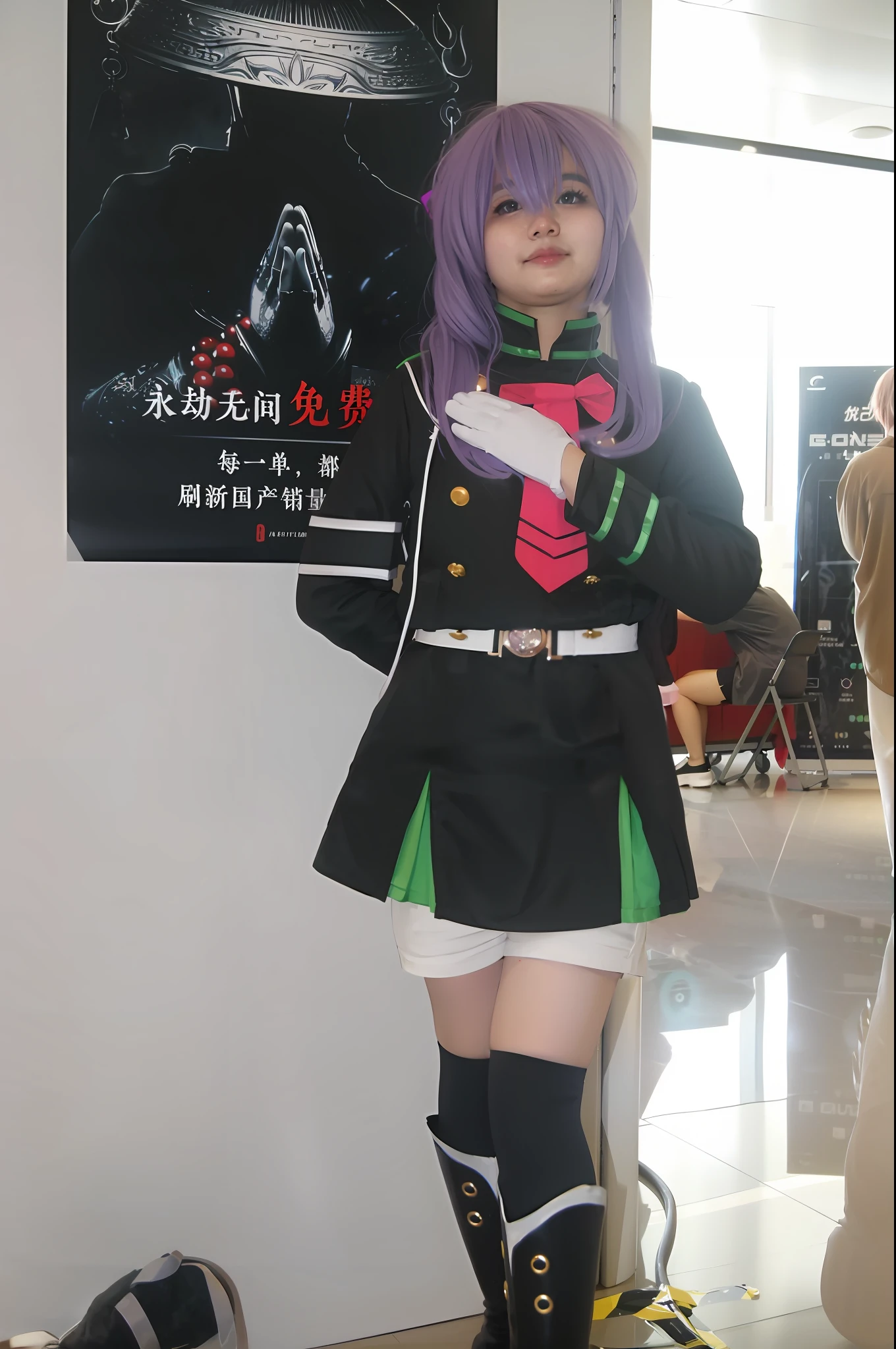 Anime cosplay posing in black uniform and pink tie for photos, Anime cosplay, rpgmaker, Anime girl cosplay, cosplay, professional cosplay, black and violet costume, cosplay foto, Ayaka cosplay, publicity cosplay, posing as a jojo character, full-cosplay, wearing black uniform, manga and anime 2010, yayoi kasuma