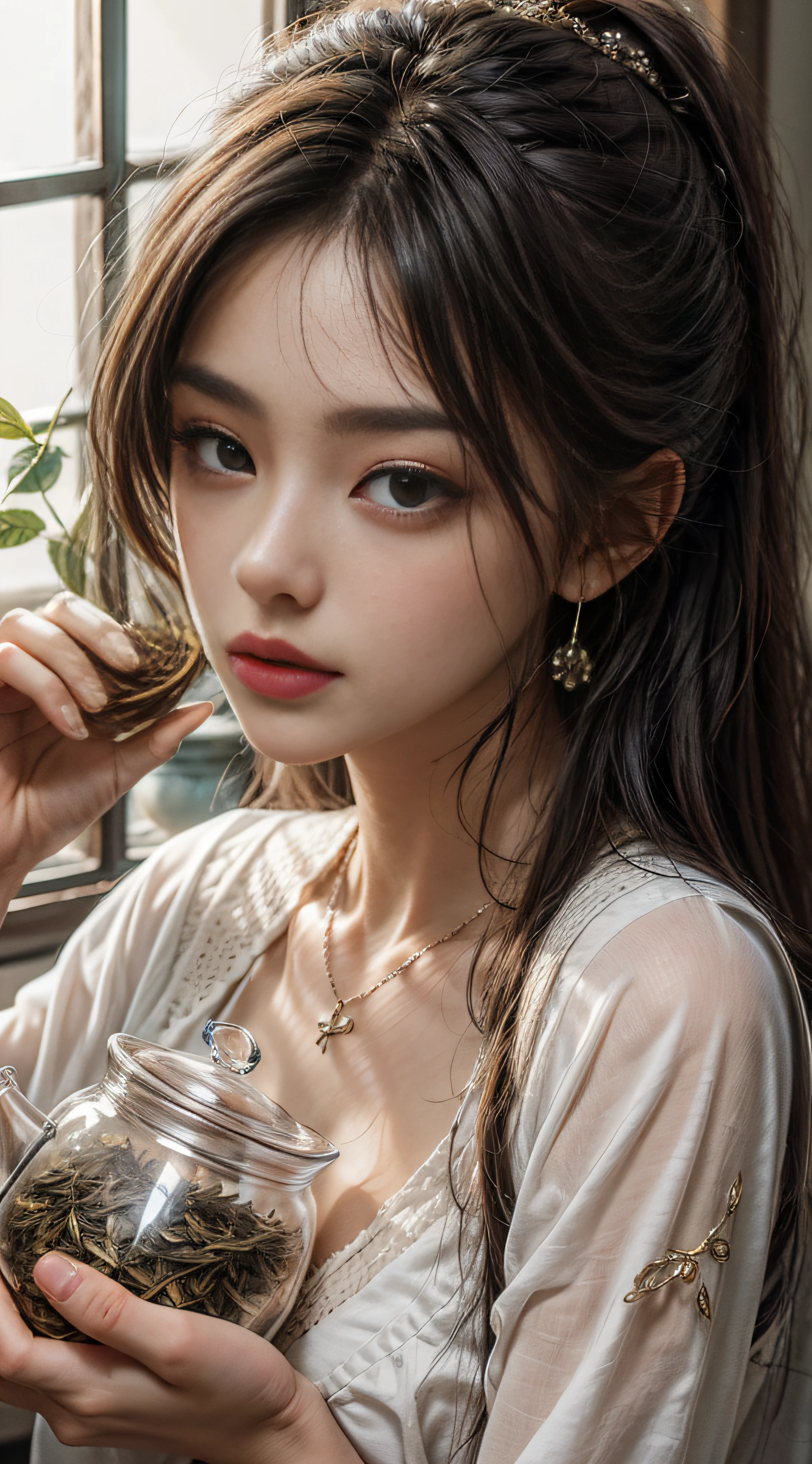 hair pulled back, crescent hair ornament, Close-up, macro photograph, Contemporary art, high detaild, masterpiece, ccurate，Tea picker，