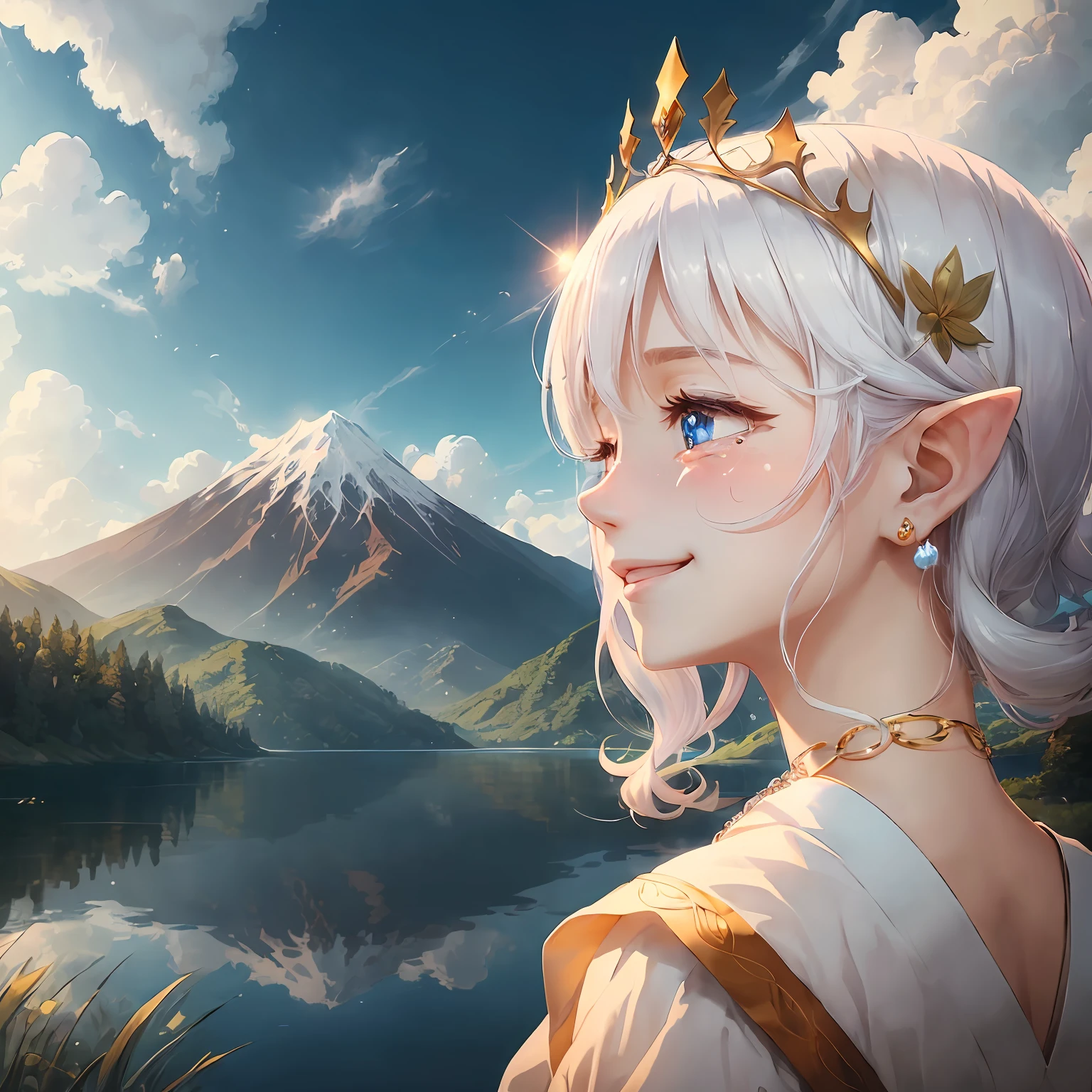 (CG illustration of a masterpiece, Highest image quality, Delicate light and shadow), (Japan anime character,High value， Beautiful hair, white color hair，tiara crown, jewelry, neck chain, tear-mole, Big teary eyes, elvish ears, Turn back slowly，sideface，Laughing and crying), Faraway view，Clear and bright lake, with blue sky and white clouds, Mountains in the distance, Warm and natural atmosphere --auto