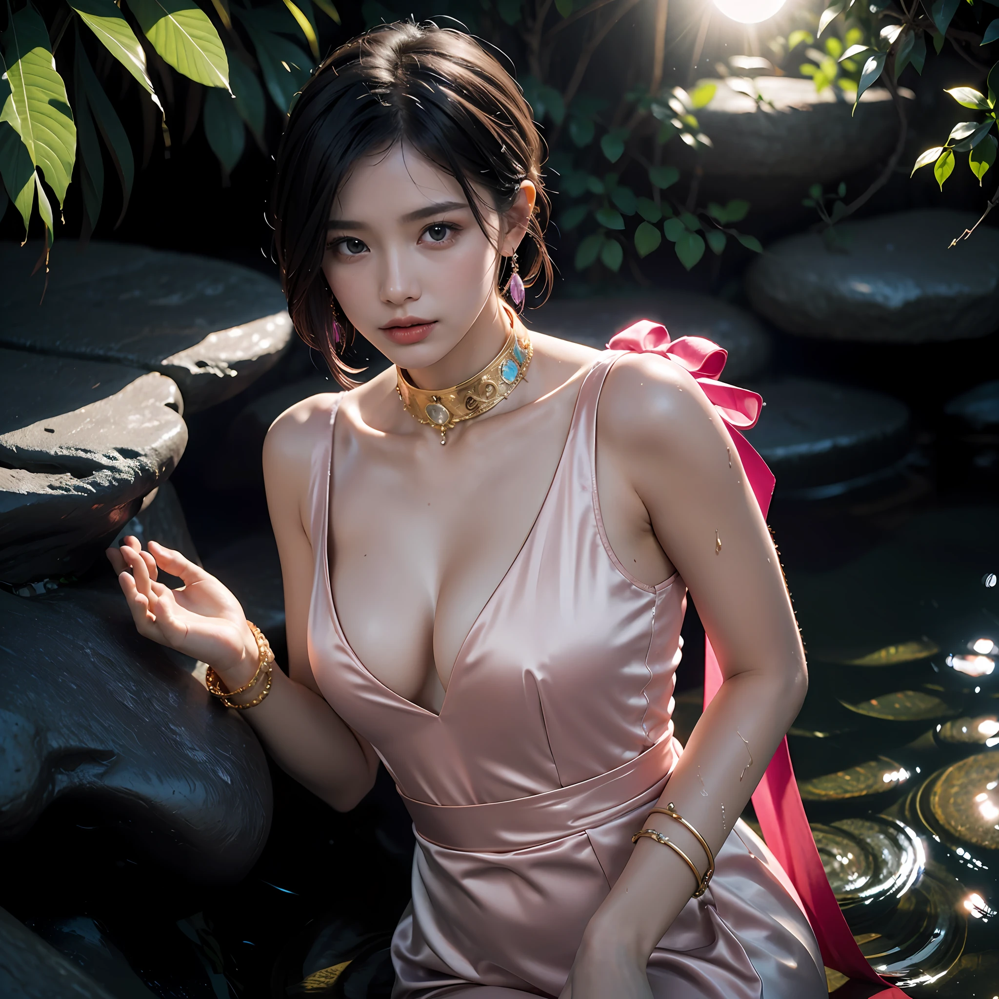 tmasterpiece:1.4,HighestQuali,8K,1个Giant Breast Girl,Gentle and beautiful face,((Transparent amethyst armor,Neon streamers,Wear less)),Upper body,pink short hair,hairbuns,Silk cloak,perfect body figure,Small man's waist,longleg,dynamic angle,natural lightting,Smooth skin,Ultra-detailed face,Ultra-detailed hands and feet,hair adornments,Collar,耳Nipple Ring,Bracelet,Ribbons,In a waterhole in a mountain waterfall,Skin is shiny and shiny,The water is smooth when the clothes are wet,dynamic angle,sun light,Close-up Shot Shot,
