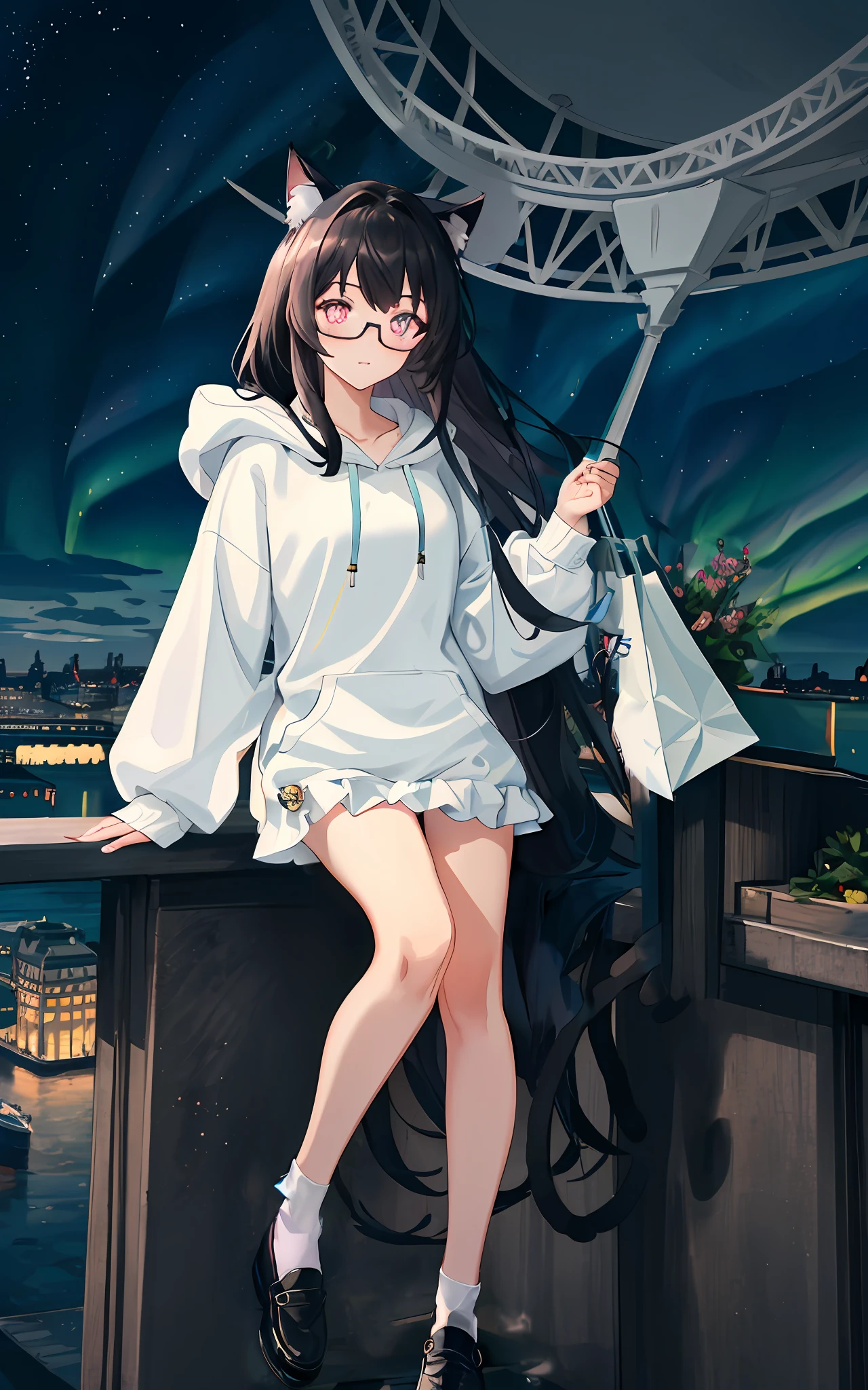 Gray cat ears，Long dark purple dress，Black tall canvas shoes