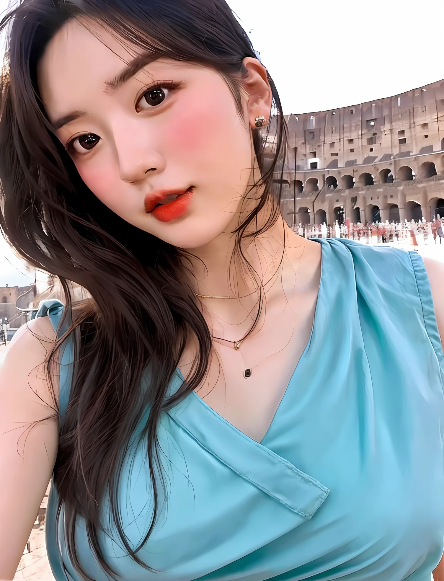 upper body photo of thin 1girl Negona wavy ponytail hair, sexy dress, chest cloth loosen, at colosseum, wideangle close up