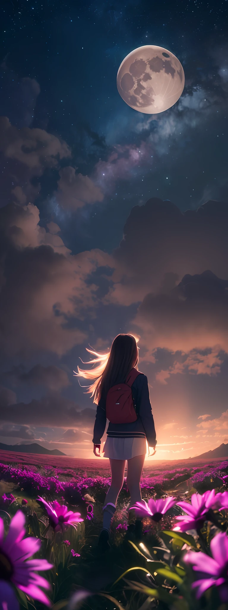 A wide landscape photo, (viewed from below, the sky is above, and the open field is below), a girl standing on a flower field looking up, (full moon: 1.2), (meteor: 0.9), (nebula: 1.3), distant mountains , Trees BREAK Crafting Art, (Warm Light: 1.2), (Firefly: 1.2), Lights, Lots of Purple and Orange, Intricate Details, Volumetric Lighting BREAK (Masterpiece: 1.2), (Best Quality), 4k, Ultra Detailed, (Dynamic Composition: 1.4), Rich in Detail and Color, (Rainbow Color: 1.2), (Glow, Atmospheric Lighting), Dreamy, Magical, (Solo: 1.2)
