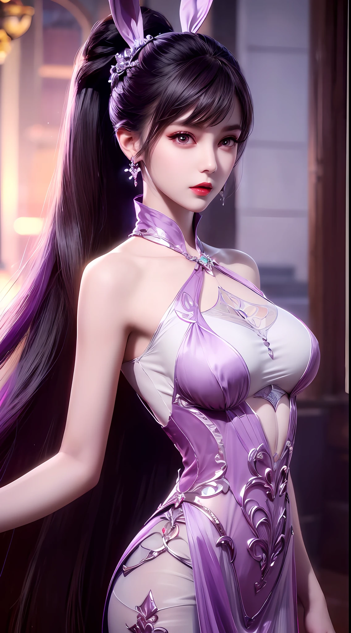 1 very beautiful girl in hanfu dress, thin purple silk shirt with many white motifs, white lace top, long bangs and long ponytail in purple platinum, gorgeous hair jewelry, pretty face and cute, flawless face, earring jewelry, light purple bunny ears, neck jewelry, big purple eyes drawn meticulously, meticulous makeup, thin eyebrows, high nose, red lips pretty, no smile, pursed lips, rosy cheeks, wide breasts, big breasts, well-proportioned bust, slim waist, purple mesh socks, Chinese hanfu style, fictional art patterns, vivid colors and legs real , RAW photo, realistic photo, ultra high quality 8k surreal photo, ultra image, (fantasy light effect: 1.8), 10x pixels, magic effect (background): 1.8), super detailed eyes , beautiful girl upper body portrait, girl alone, ancient hanfu background, looking directly at the audience, wide original photo, 8k quality, super sharp, most detailed and clear picture, detailed light background,