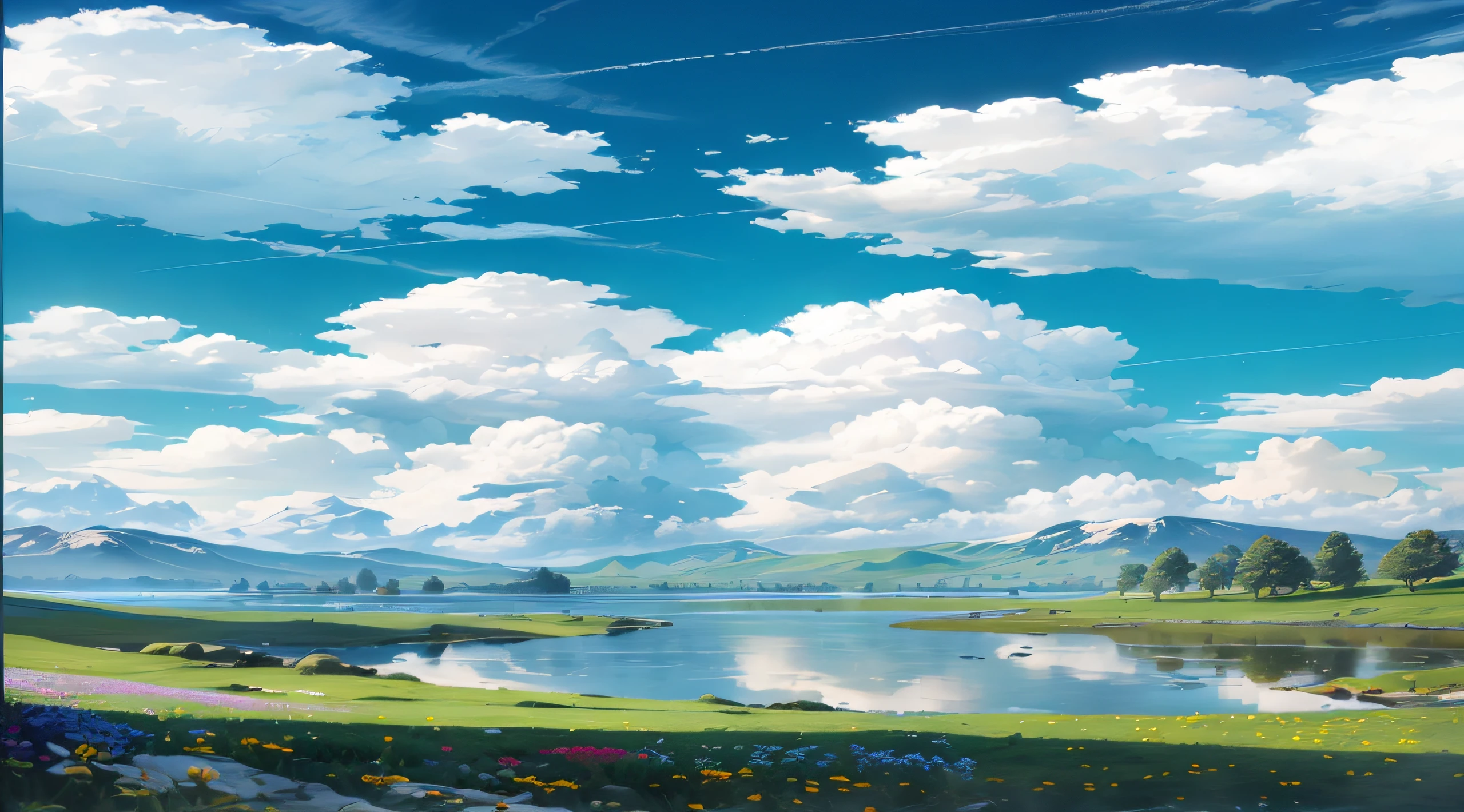 Summer, meadows, a few small flowers, clear lakes, sheep, heaven, large clouds, blue sky, hot weather, HD detail, hyper-detail, cinematic, surrealism, soft light, deep field focus bokeh, distant vistas are snowy mountains, ray tracing, and surrealism. --v6