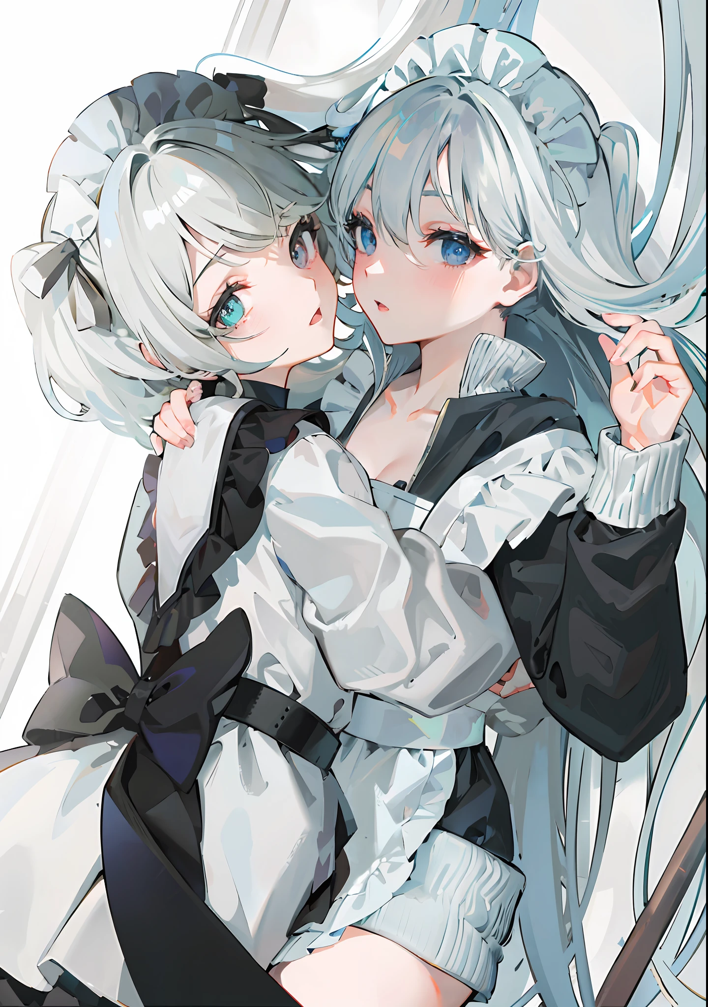 Anime image of two women with long white hair hugging each other, silber hair, two beautiful anime girls, white haired Cangcang, zerochan art, White-haired, whaite hair, , Silver hair (pony tails), Pisif, anime girl in a maid costume, Anime girls, Digital art on Pisif , vector shaded anime, hd artwork, anime maids riding early tanks