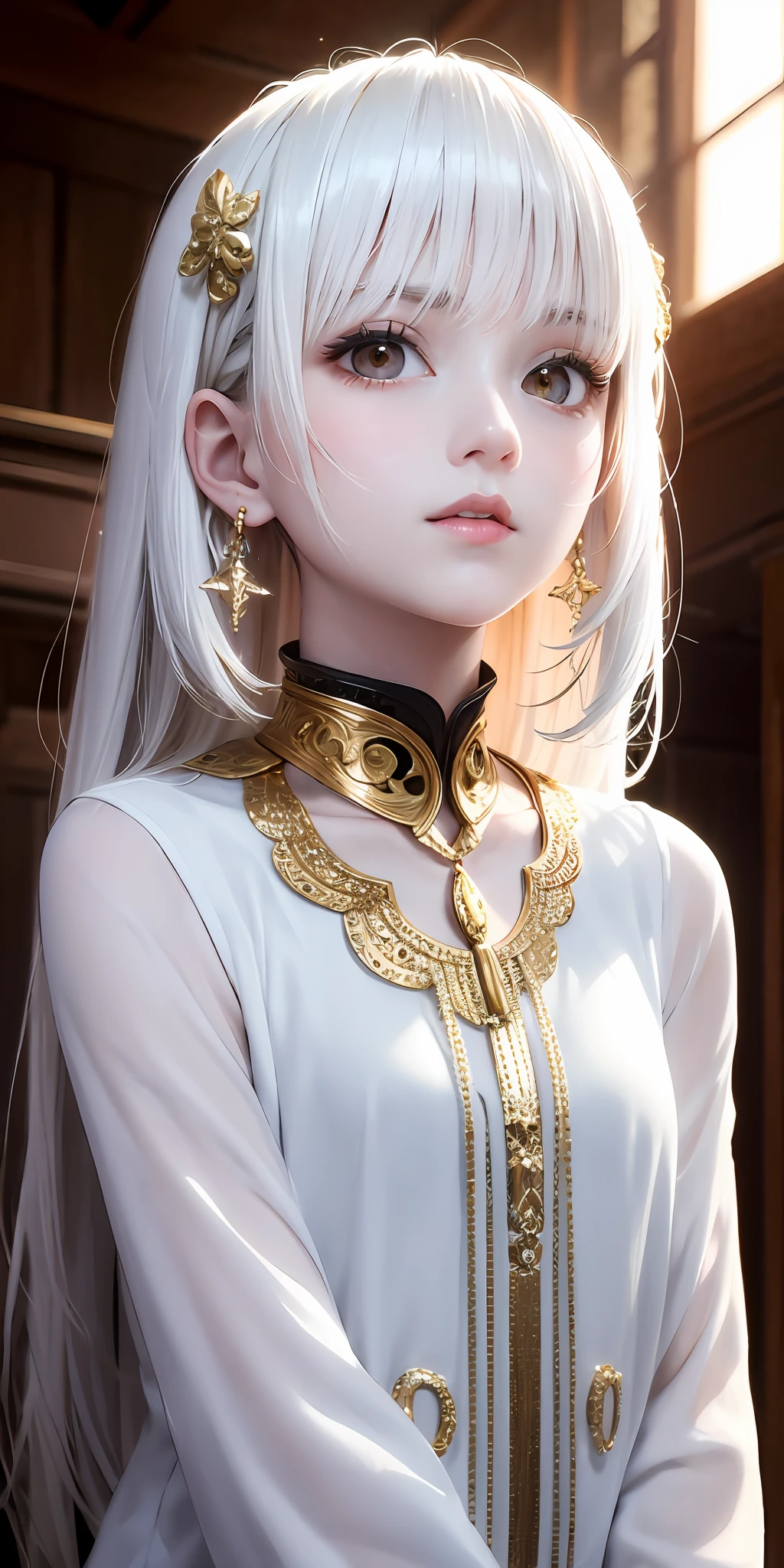 best quality, masterpiece,white hair, gold eyes,white clothes, looking up, upper body,hair strand,Fair skin,side braids
