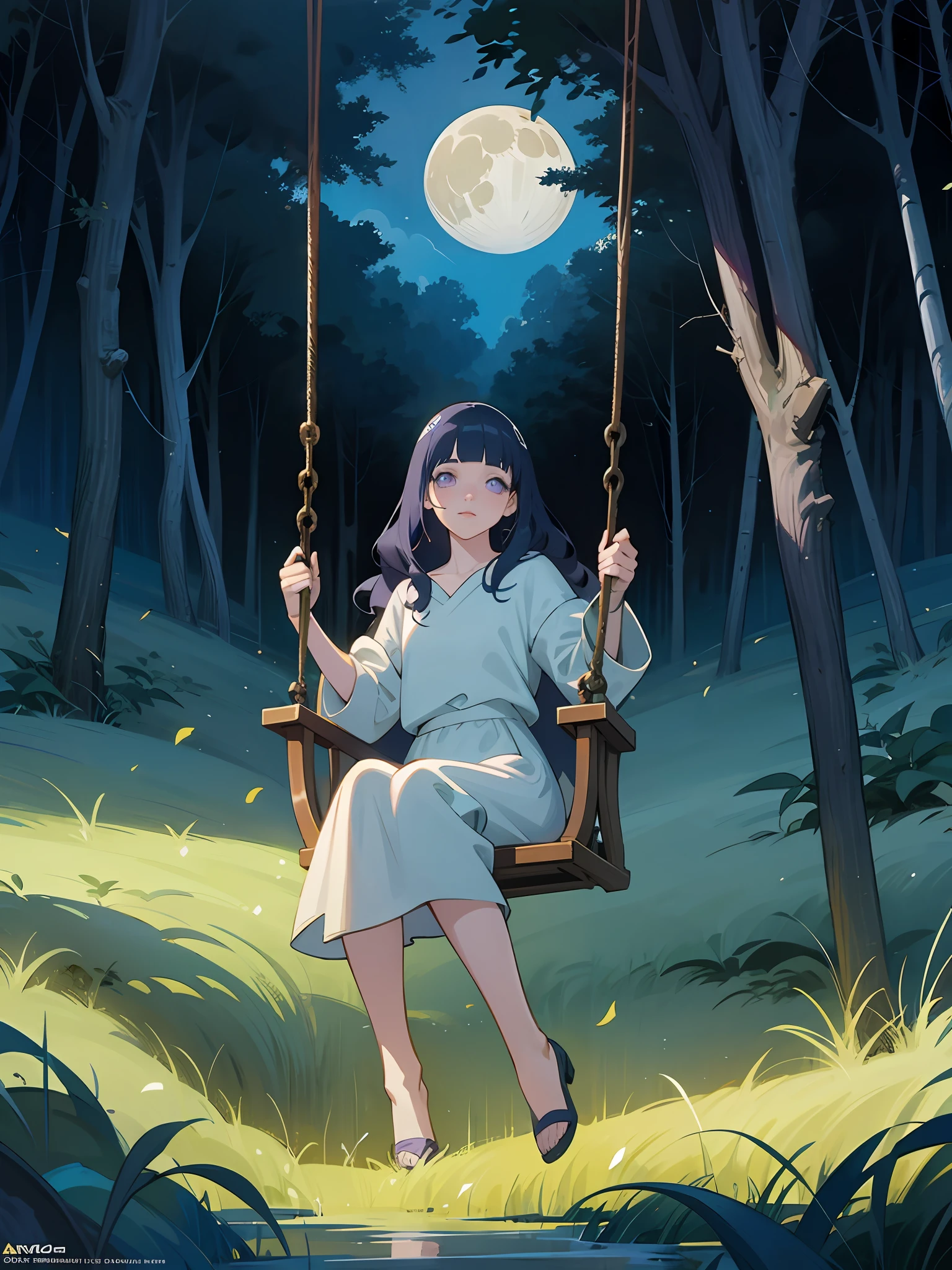 there is a woman sitting on a swing in the woods, anime fantasy illustration, goddess of the forest, galadriel, in the art style of bowater, fairy-tale illustration style, fantasy art style, goddess of the moon, goddess of nature, alphonse mucha and rossdraws, official art, fey queen of the summer forest, ethereal anime, blunt bangs, dark blue hair, purple eyes, long hair, wavy hair