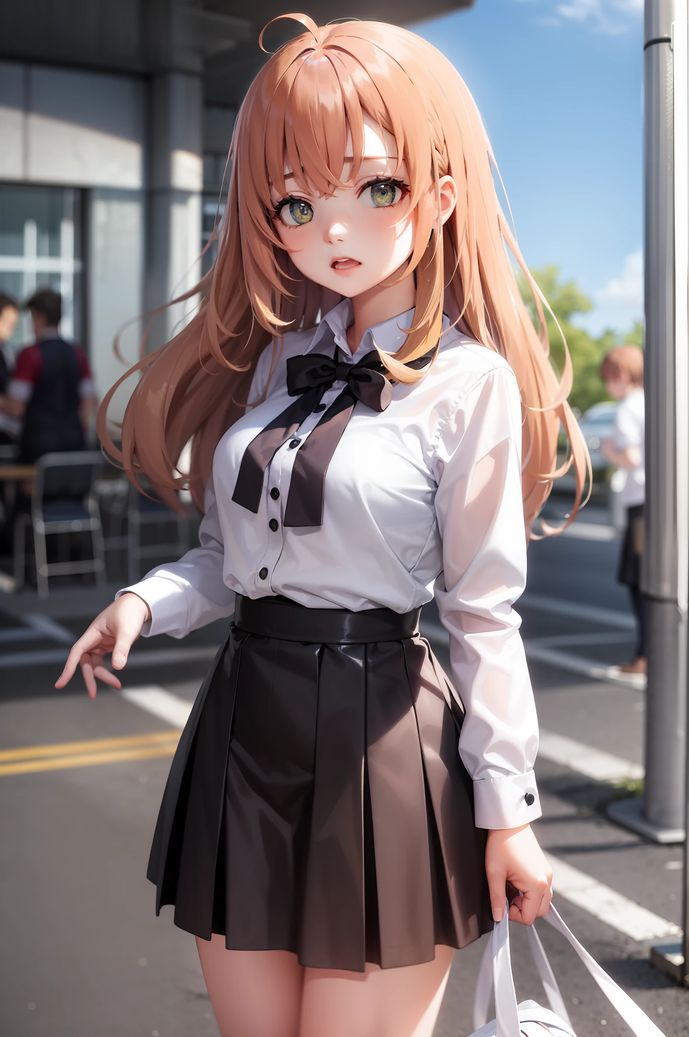 （tmasterpiece，best qualtiy：1.2），cowboy lens，独奏，1girll，Stand in front of the school，prette，yellow long hair，The expression is confused，（vred：1.2），Be red in the face，looking at viewert，ahoge，校服，White shirt and black pleated skirt，the street，schools，Long-range shots，The girl was angry，stomping，（Angry：1.2）