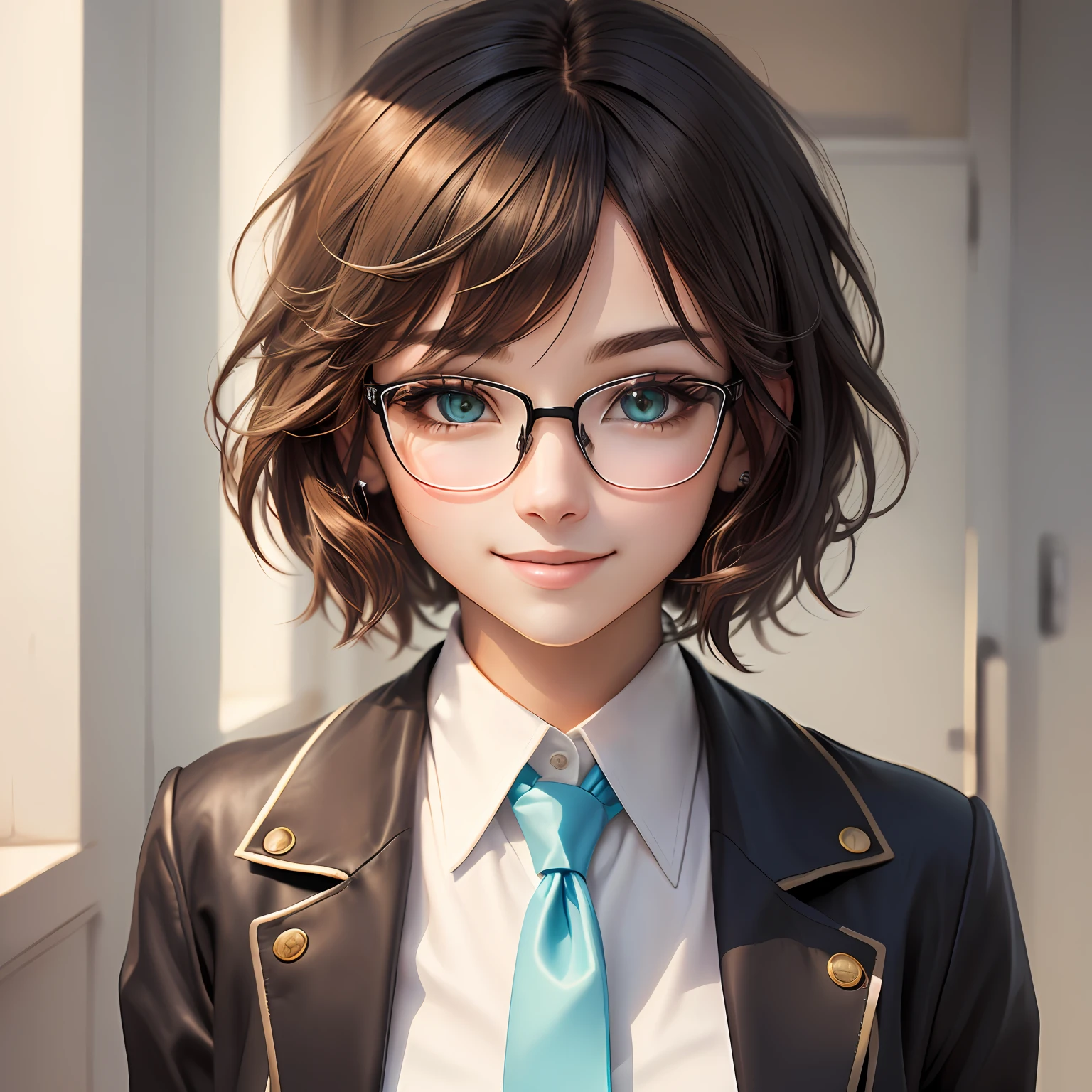 sinon, anime art style, 1girl, solo, smile, short_hair, bangs, brown_hair, shirt, black_hair, ribbon, hair_between_eyes, brown_eyes, closed_mouth, jacket, hair_ribbon, white_shirt, sidelocks, necktie, glasses, collared_shirt, black_jacket, wing_collar, red_necktie, portrait, white_ribbon, short_hair_with_long_locks, rimless_eyewear