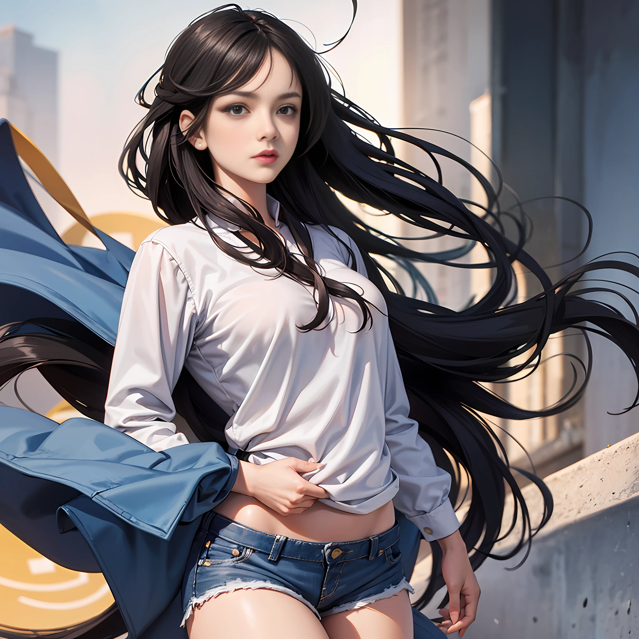 bust, masterpiece, black_hair, 1 girl, long_hair, long hair, ponytail, wearing white shirt, blue denim shorts, black silk, Chinese, anatomically correct, textured skin, masterpiece, ccurate, high quality, high detail, super detail, best quality, high resolution, 16k, UHD, --auto
