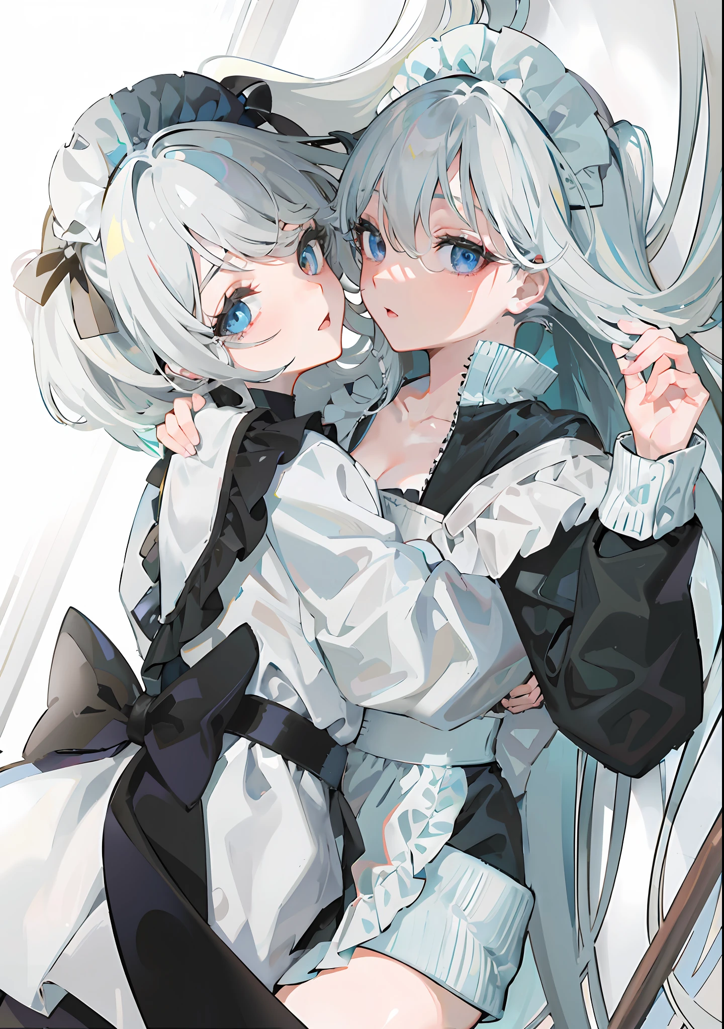 Anime image of two women with long white hair hugging each other, silber hair, two beautiful anime girls, white haired Cangcang, zerochan art, White-haired, whaite hair, , Silver hair (pony tails), Pisif, anime girl in a maid costume, Anime girls, Digital art on Pisif , vector shaded anime, hd artwork, anime maids riding early tanks