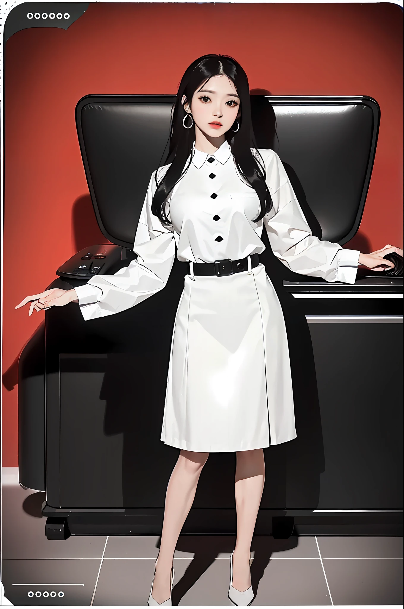 (100% high quality、Exquisite and unique、Smooth and delicate、Low-noise Polaroid black tone film ID photo style),Elegant temperamental(office lady:1.2),Wear high heels,Stand in front of a red background。