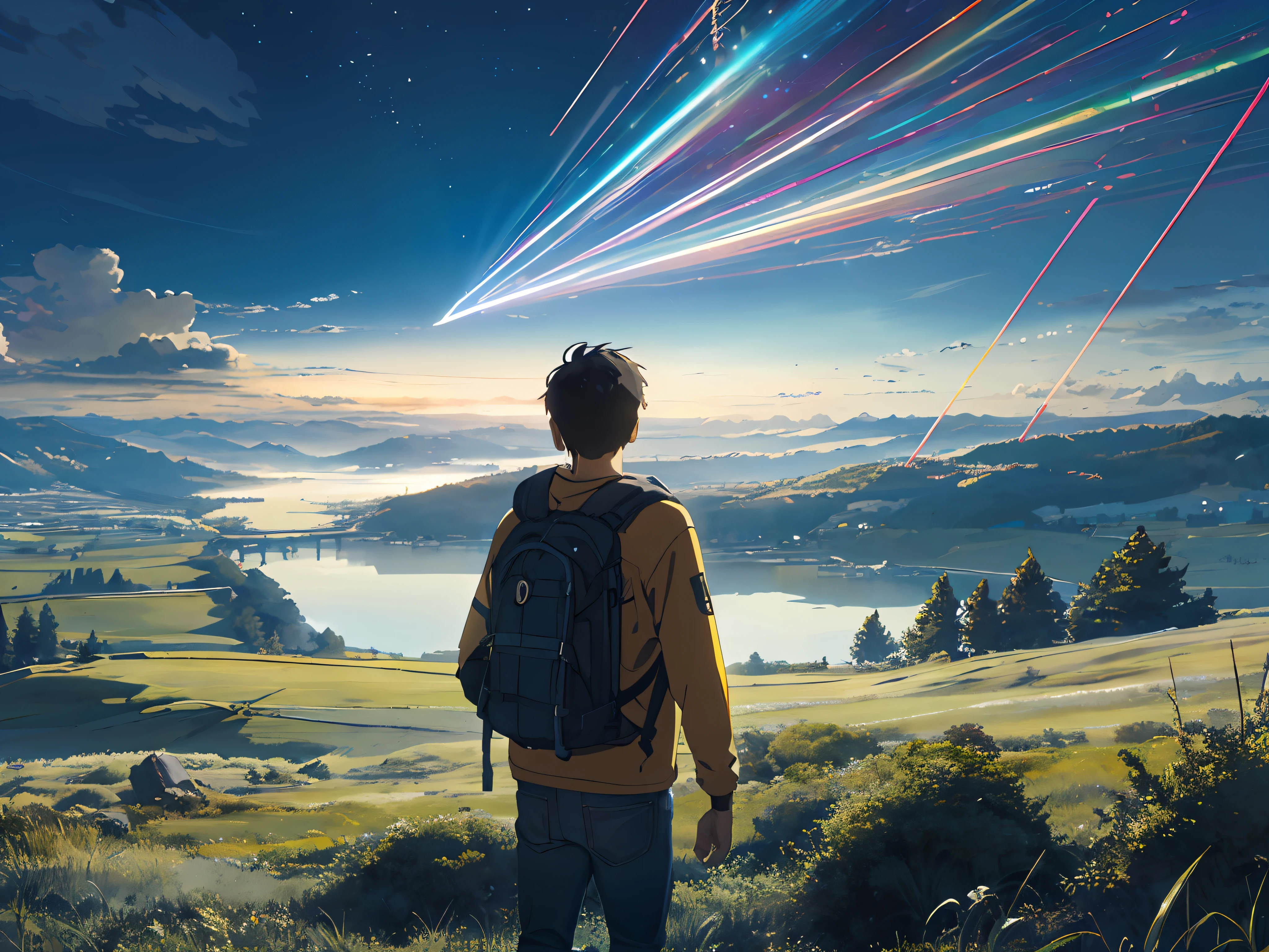 The vast sky,the beautiful skyline,Large grasslands,Intense and dramatic imagery,the moving visual effects,the high-hanging Polaris,Colorful natural light。A long-sleeved top,denim pant,Young man with backpack on his back。