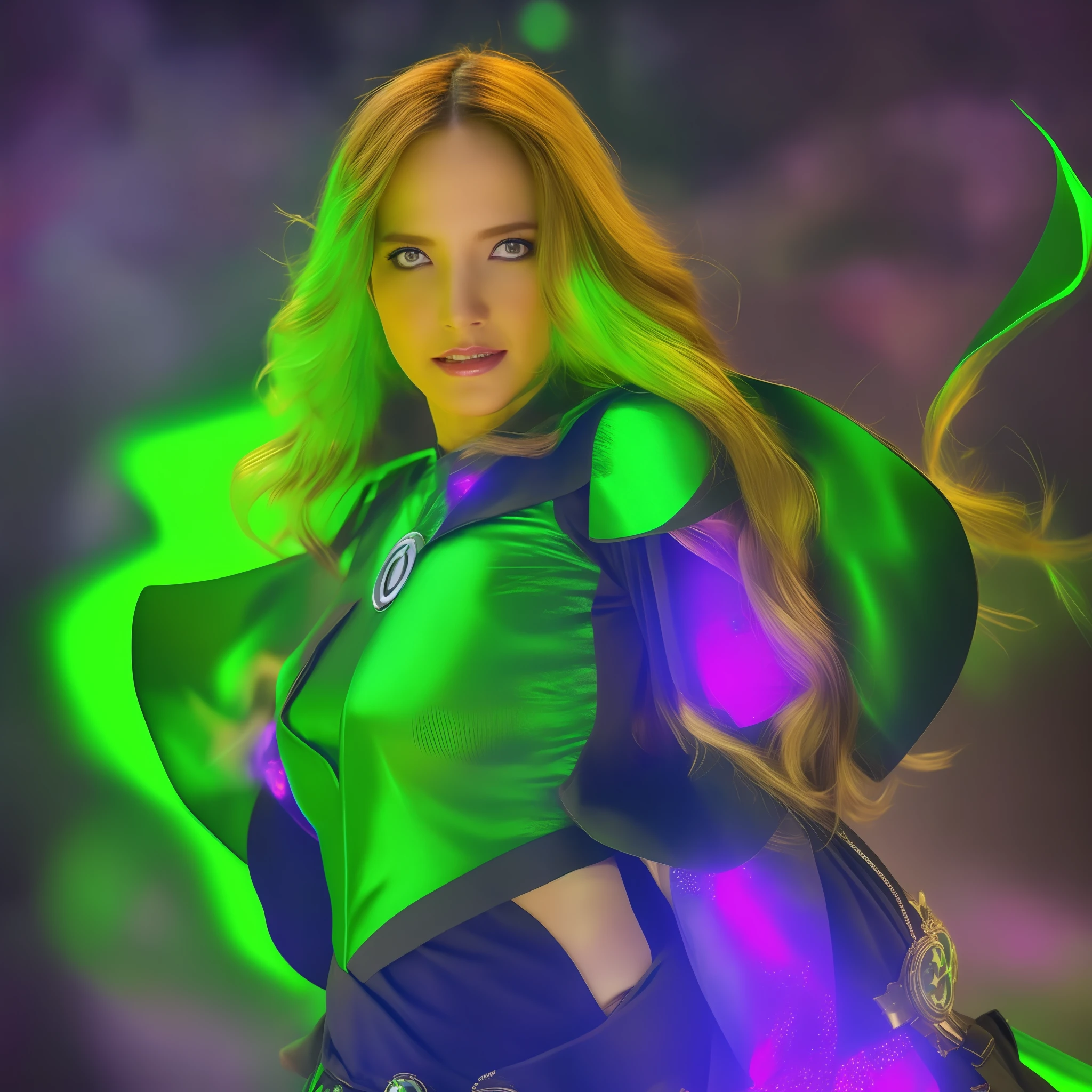 Uma garota loira, olhos verdes, magra, super linda, voando no Cel azul, With realistic 4K Green Lantern outfit